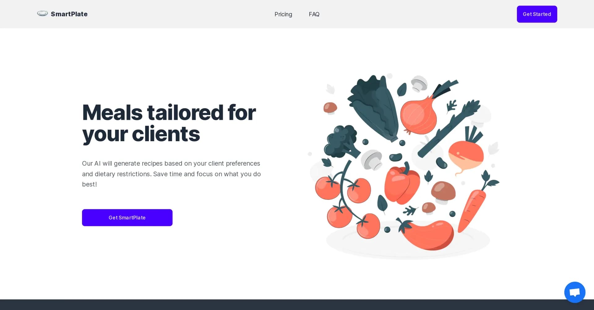 SmartPlate homepage screenshot — AI-powered meal plans tailored to your clients