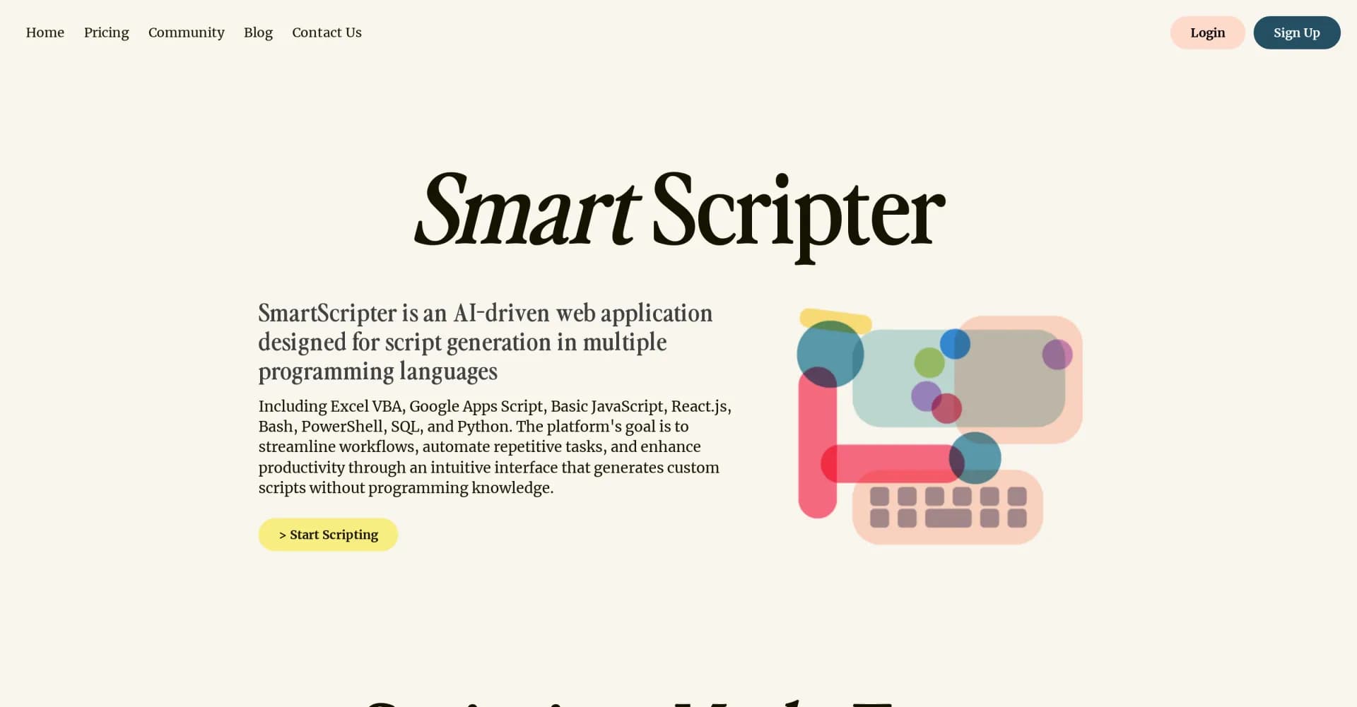 SmartScripter homepage screenshot — AI-powered custom script generator for multiple languages