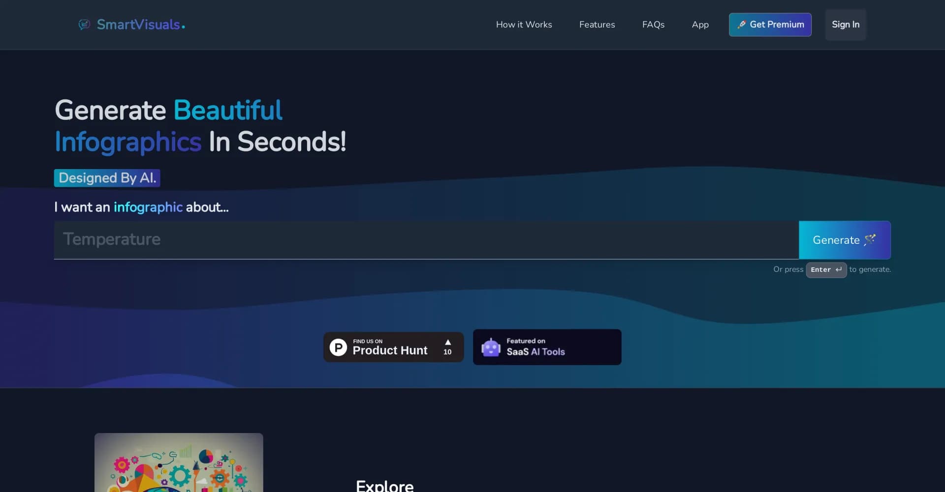 SmartVisuals homepage screenshot — AI-powered infographic generator in seconds