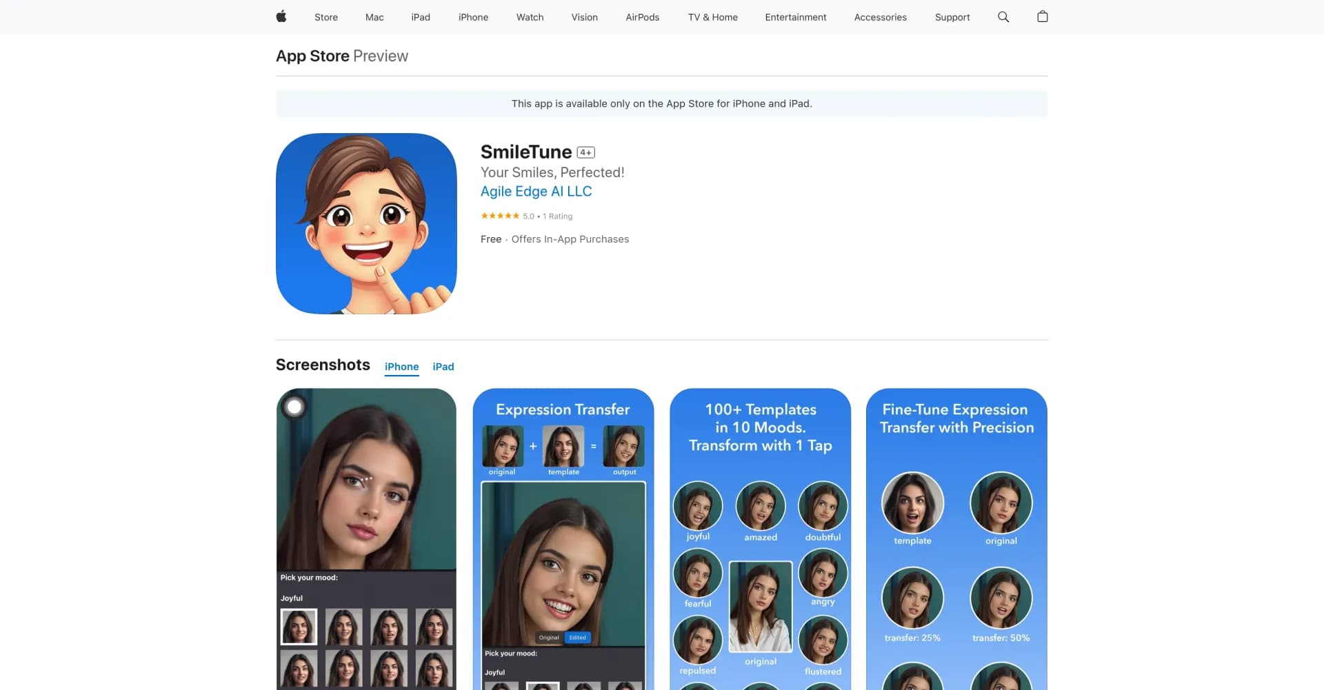 SmileTune homepage screenshot — Perfect your smiles with AI-powered face editing.