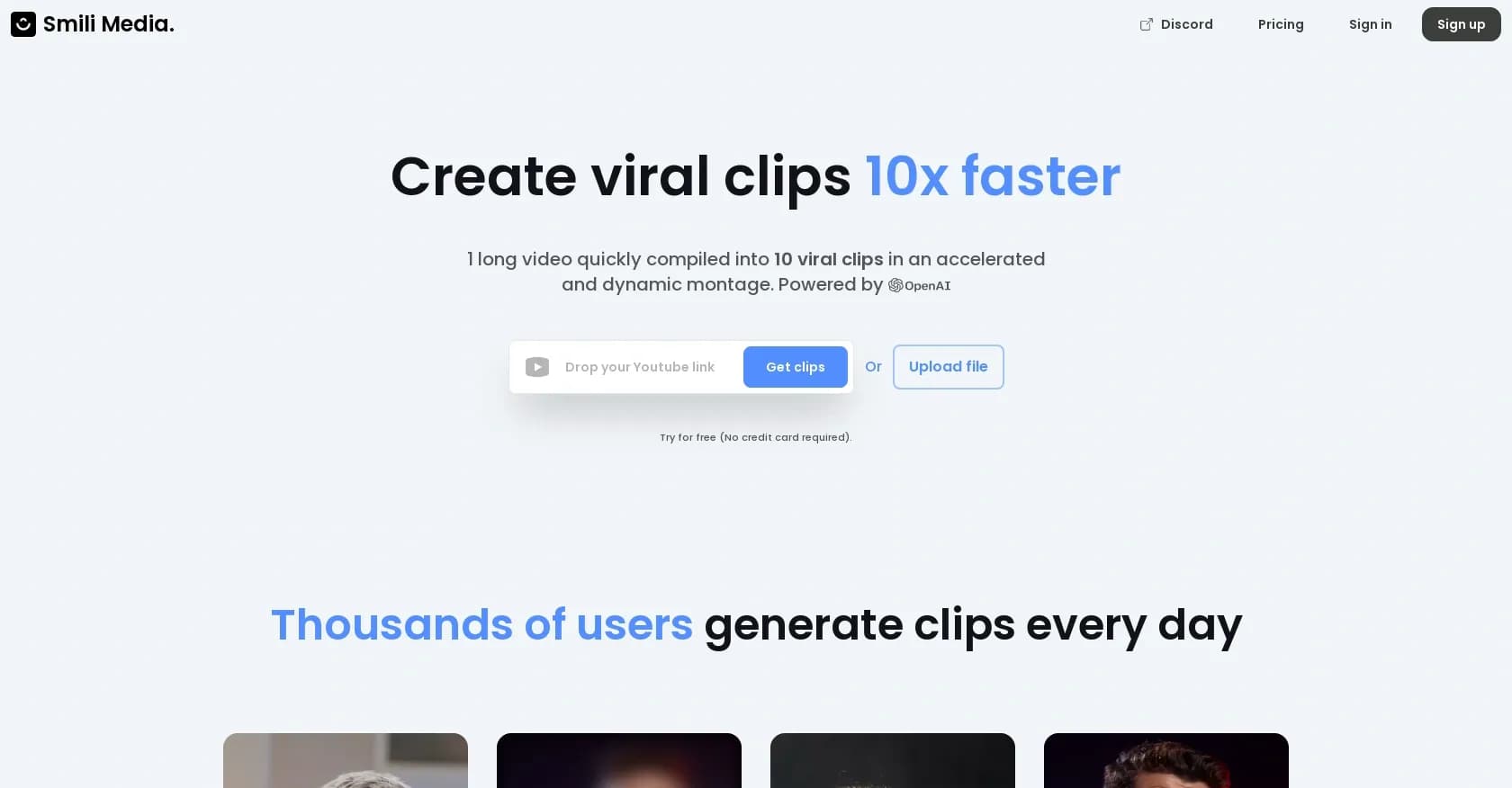 SmiliMedia homepage screenshot — Convert long videos into viral short clips using AI.