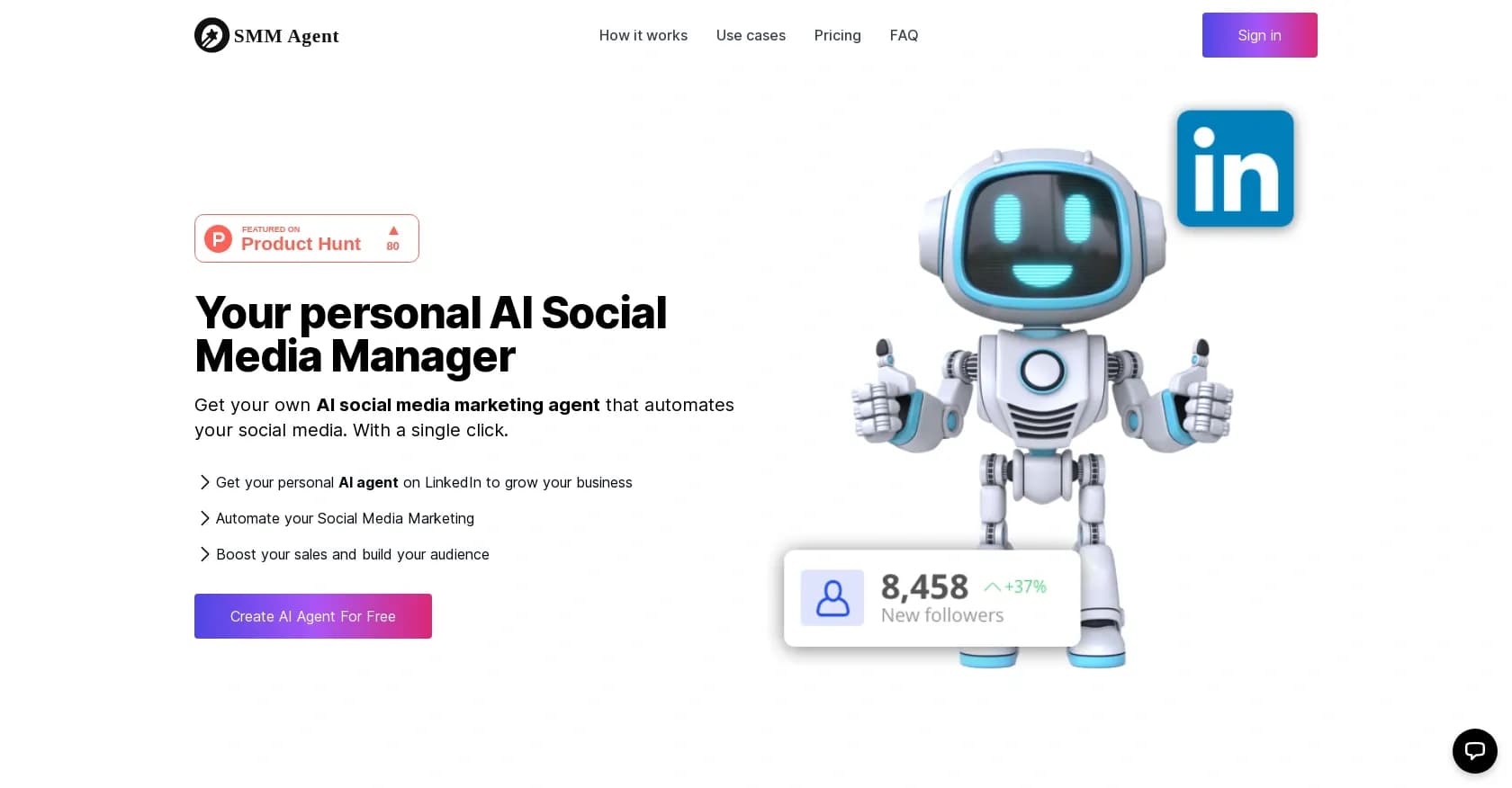 SMM Agent homepage screenshot — AI social media agent that automates your marketing