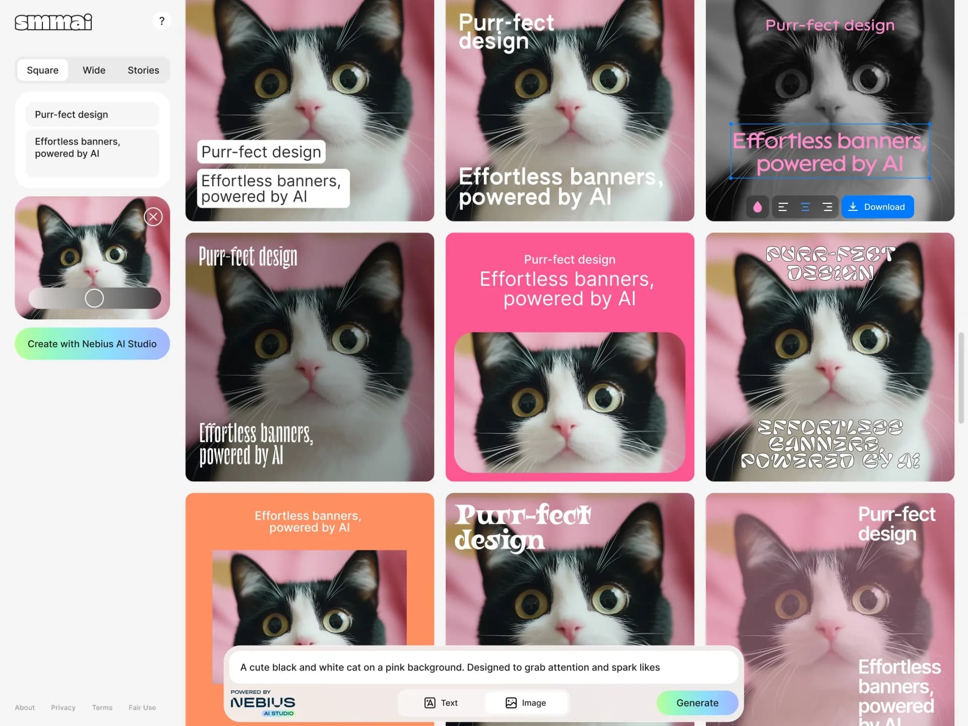 SMMAI: AI Banner Maker homepage screenshot — Generate 1,000+ AI banner templates instantly — no sign-up, 
