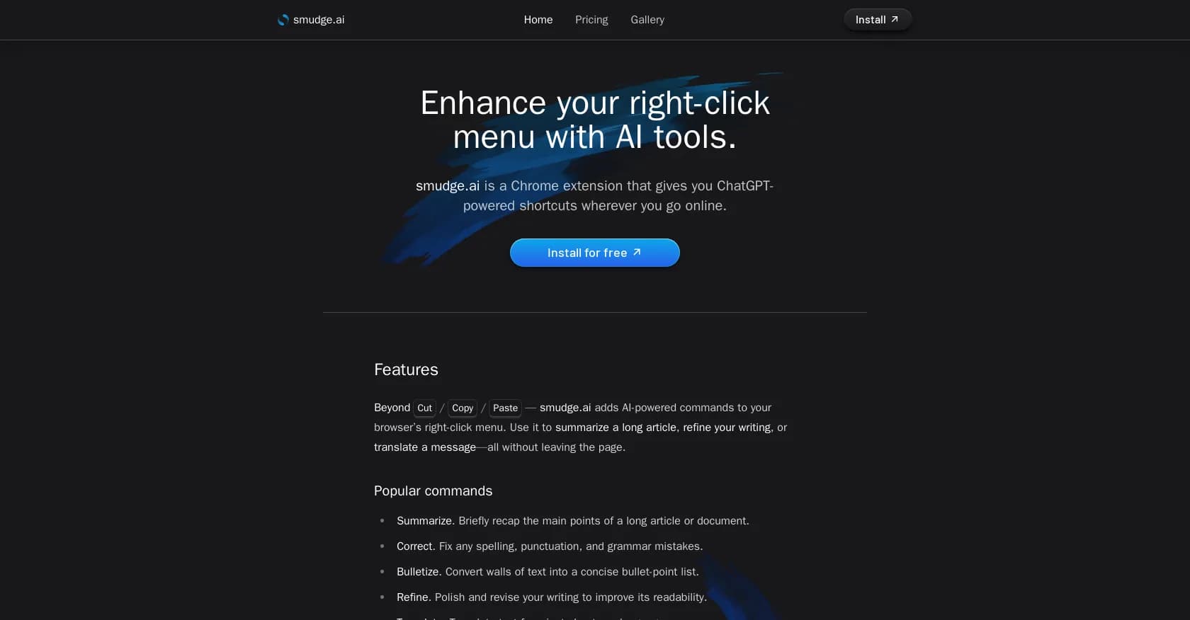 Smudge.ai homepage screenshot — Enhance your browser with AI-powered right-click shortcuts.