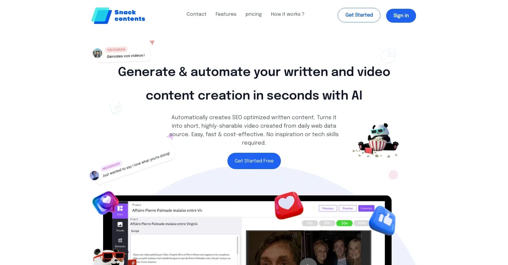 Snack Contents homepage screenshot — AI-powered content creation: From words to shareable videos.