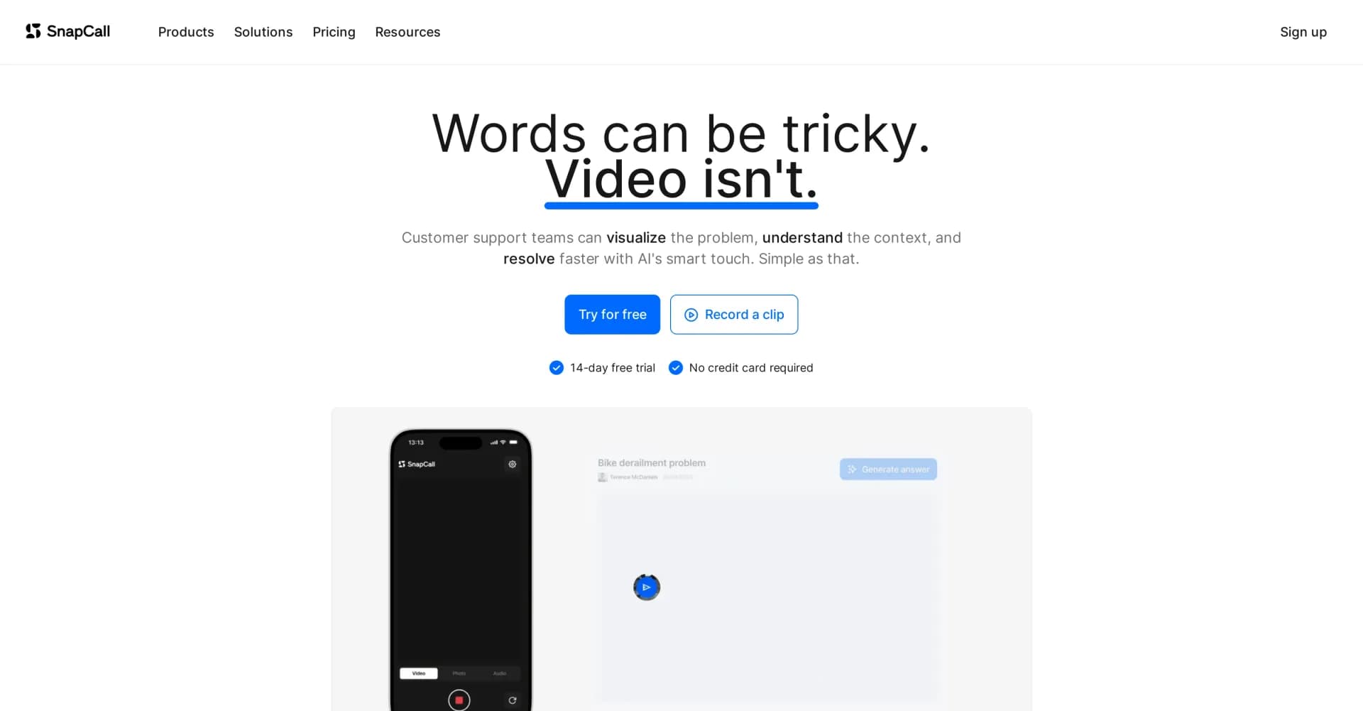 SnapCall homepage screenshot — Visualize, understand, and resolve customer issues faster wi