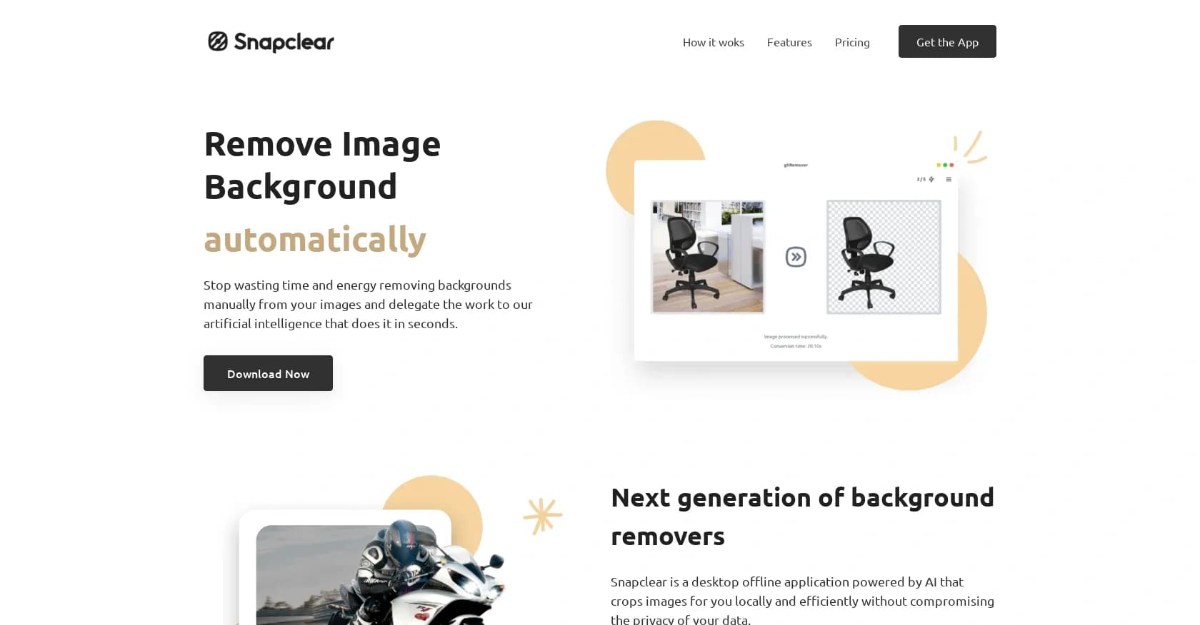 Snapclear homepage screenshot — Remove image backgrounds offline with AI