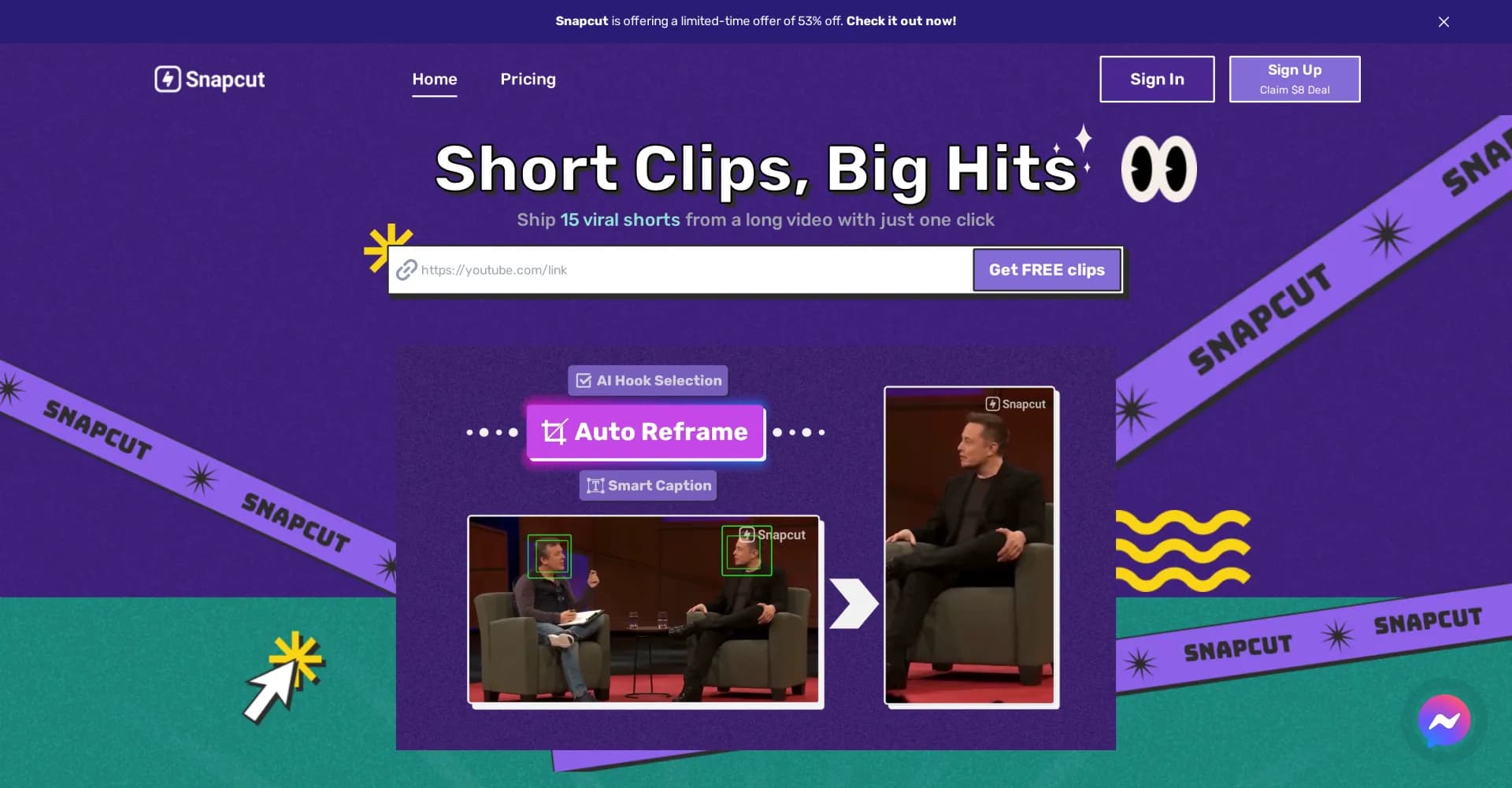 Snapcut homepage screenshot — One-click AI that turns long videos into viral shorts.