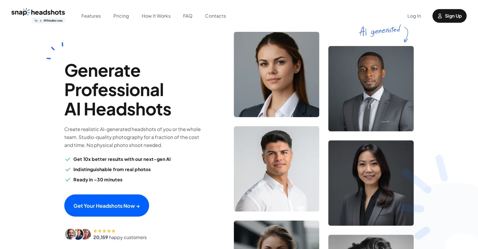 Snapheadshots homepage screenshot — Create professional AI-generated headshots in minutes.