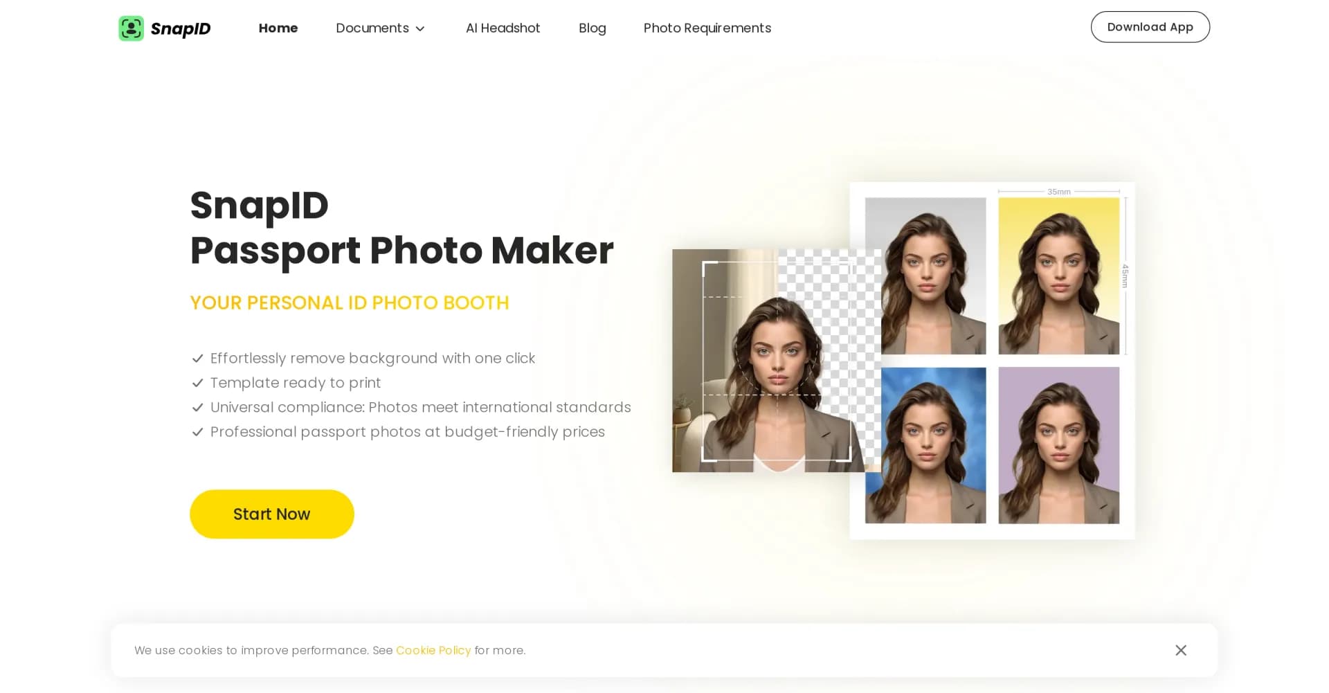 SnapID homepage screenshot — Your personal ID photo booth in your pocket