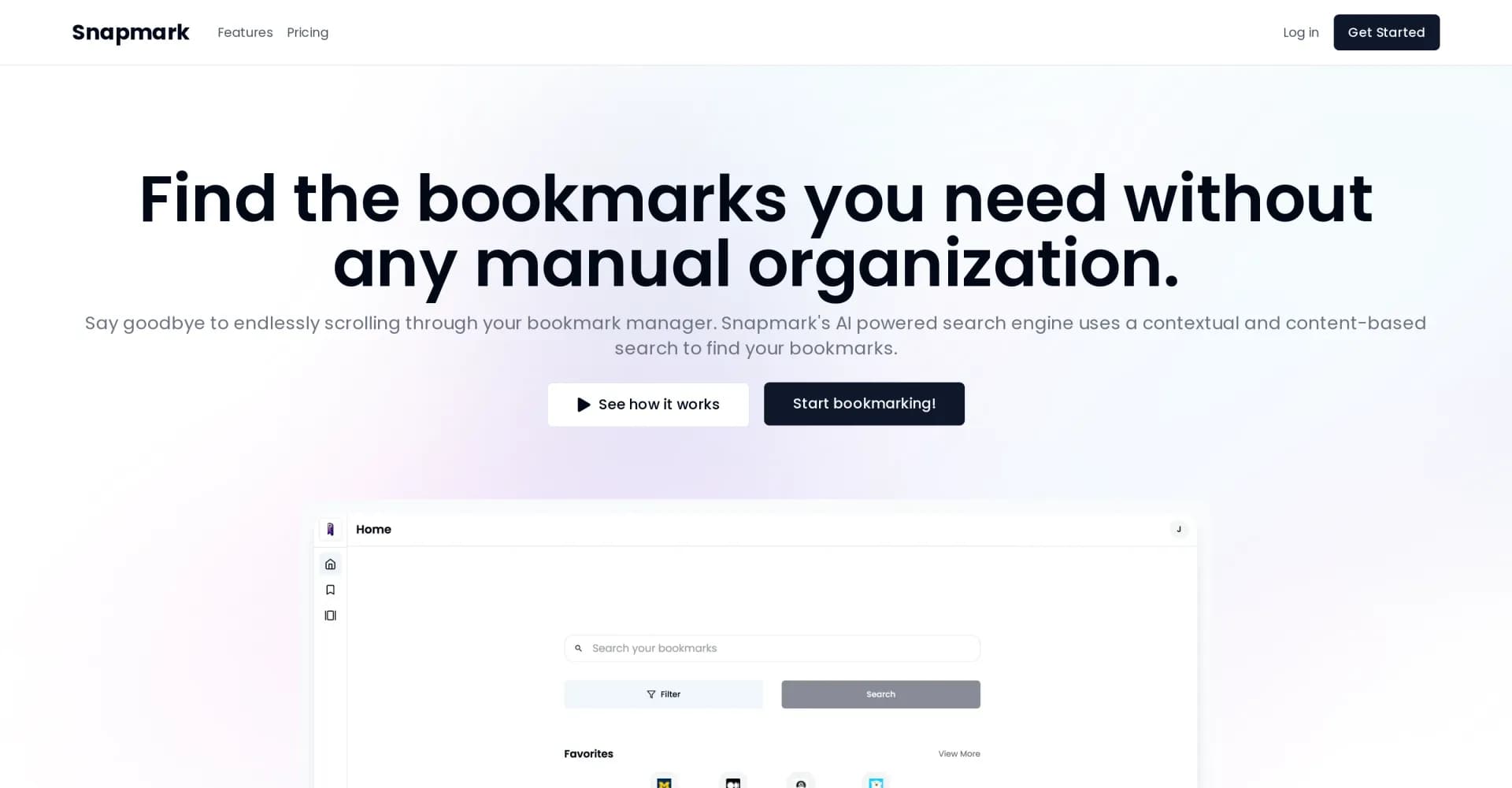 Snapmark homepage screenshot — Find bookmarks instantly with AI-powered search.