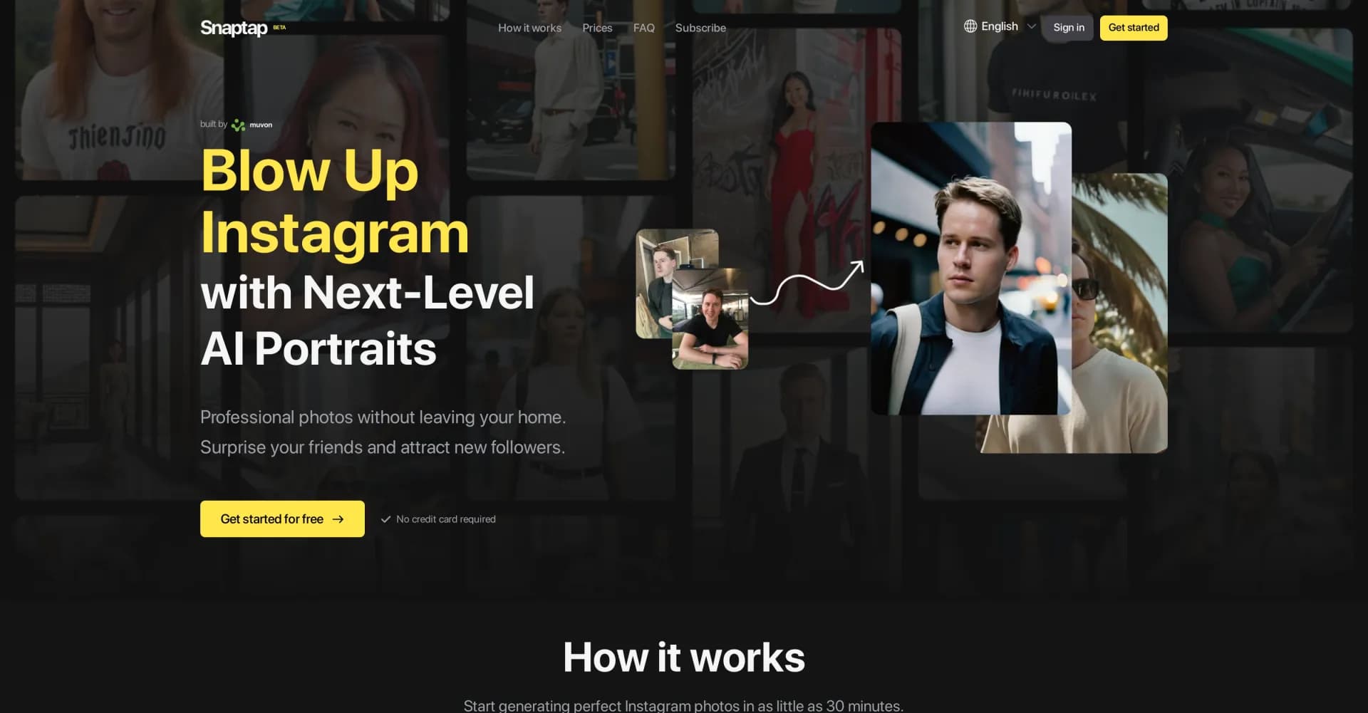 Snaptap homepage screenshot — AI-powered photoshoots at home for Instagram.