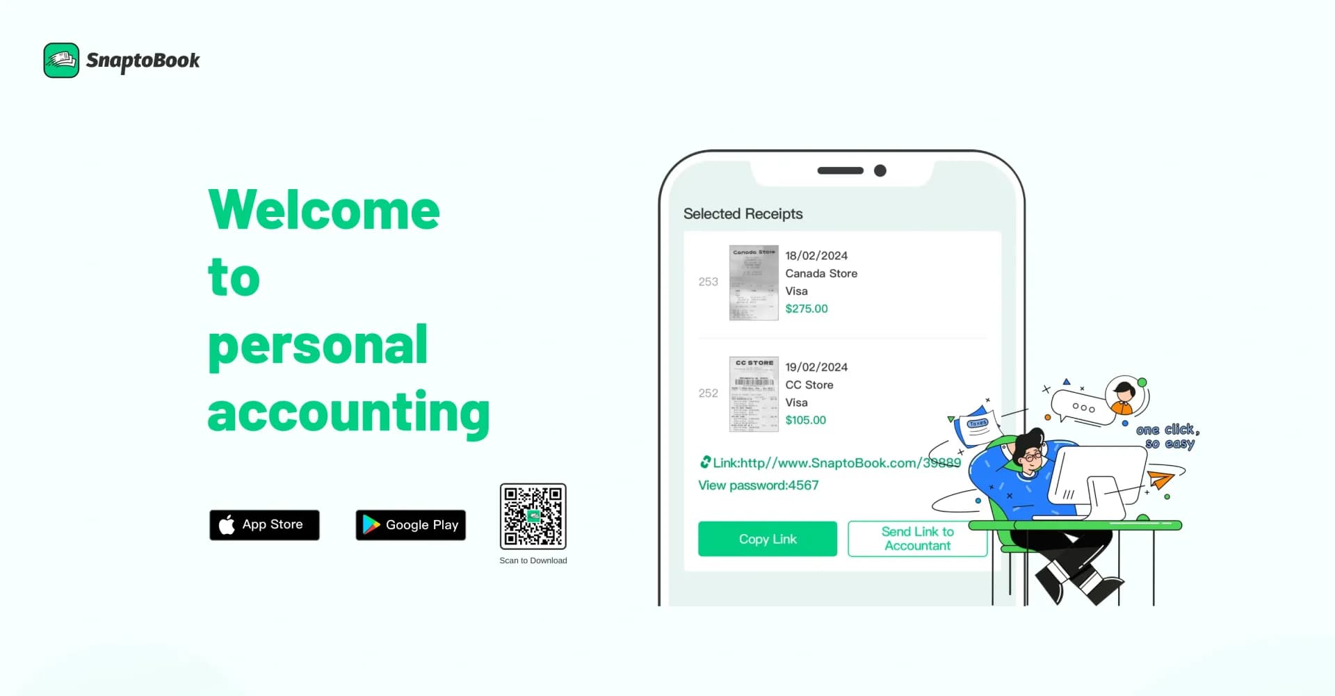 SnaptoBook homepage screenshot — Simplify personal accounting with smart receipt management.