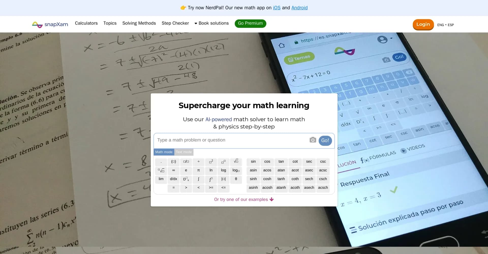 SnapXam homepage screenshot — AI-powered math solver for step-by-step learning