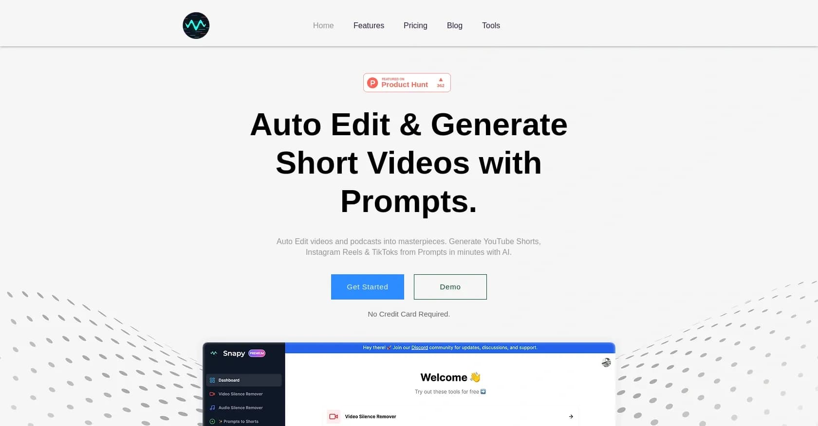 Snapy AI homepage screenshot — Auto-edit videos into shorts with AI prompts.