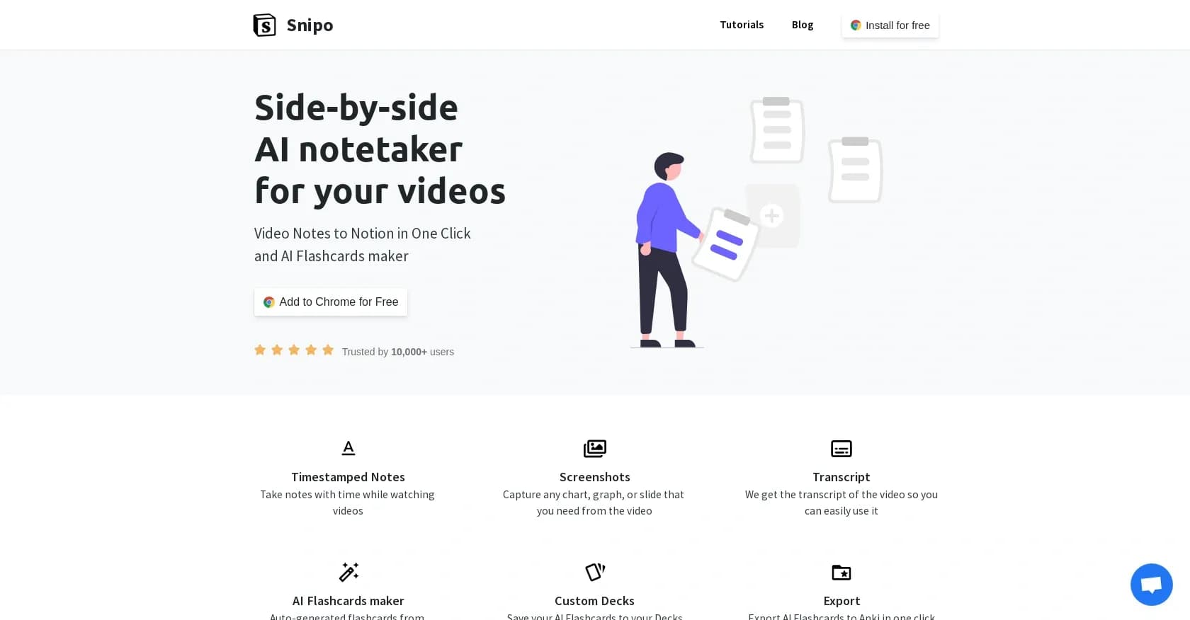 Snipo homepage screenshot — Take video notes to Notion in one click