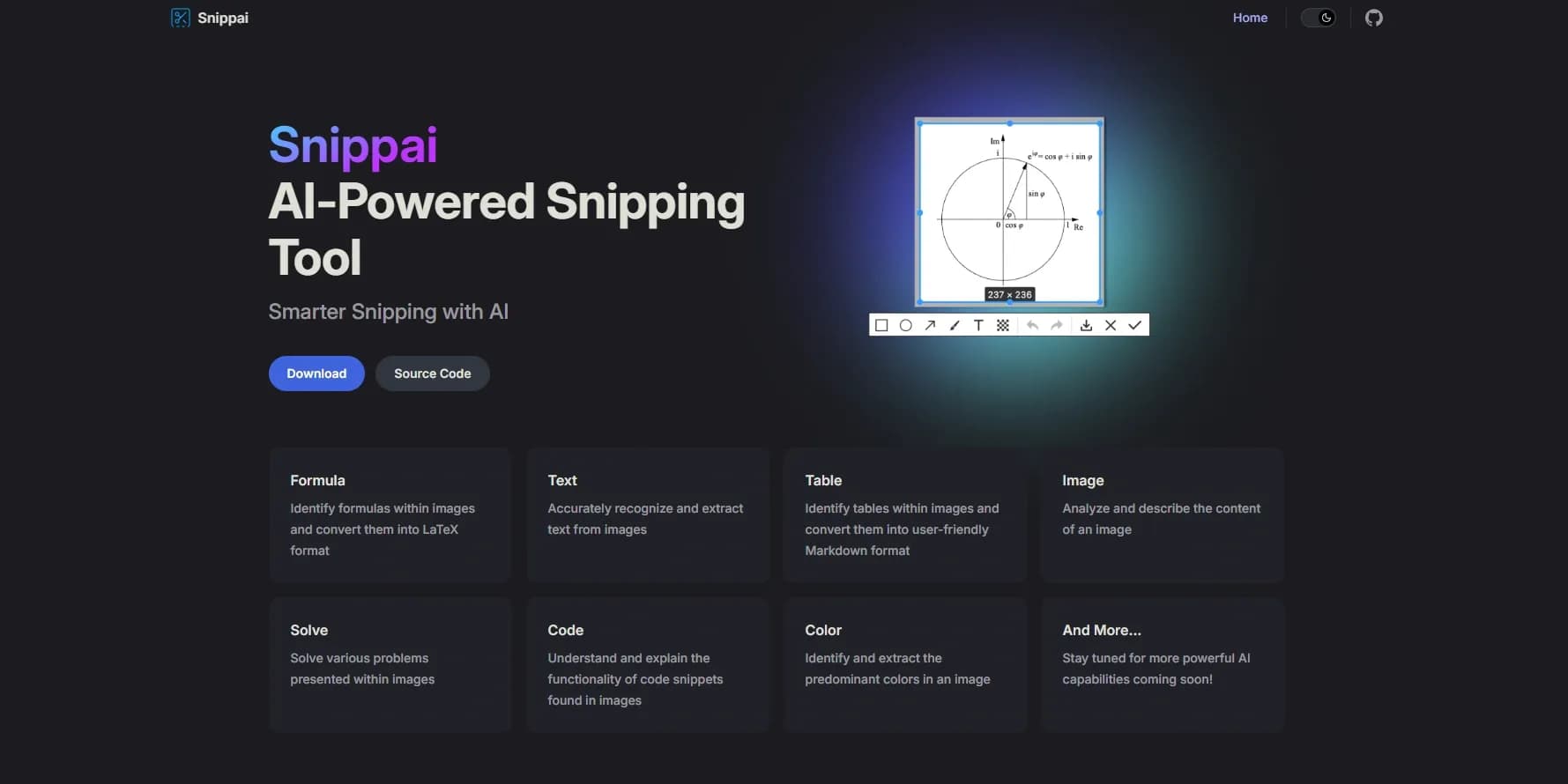 Snippai homepage screenshot — AI-powered snipping tool for smarter image analysis