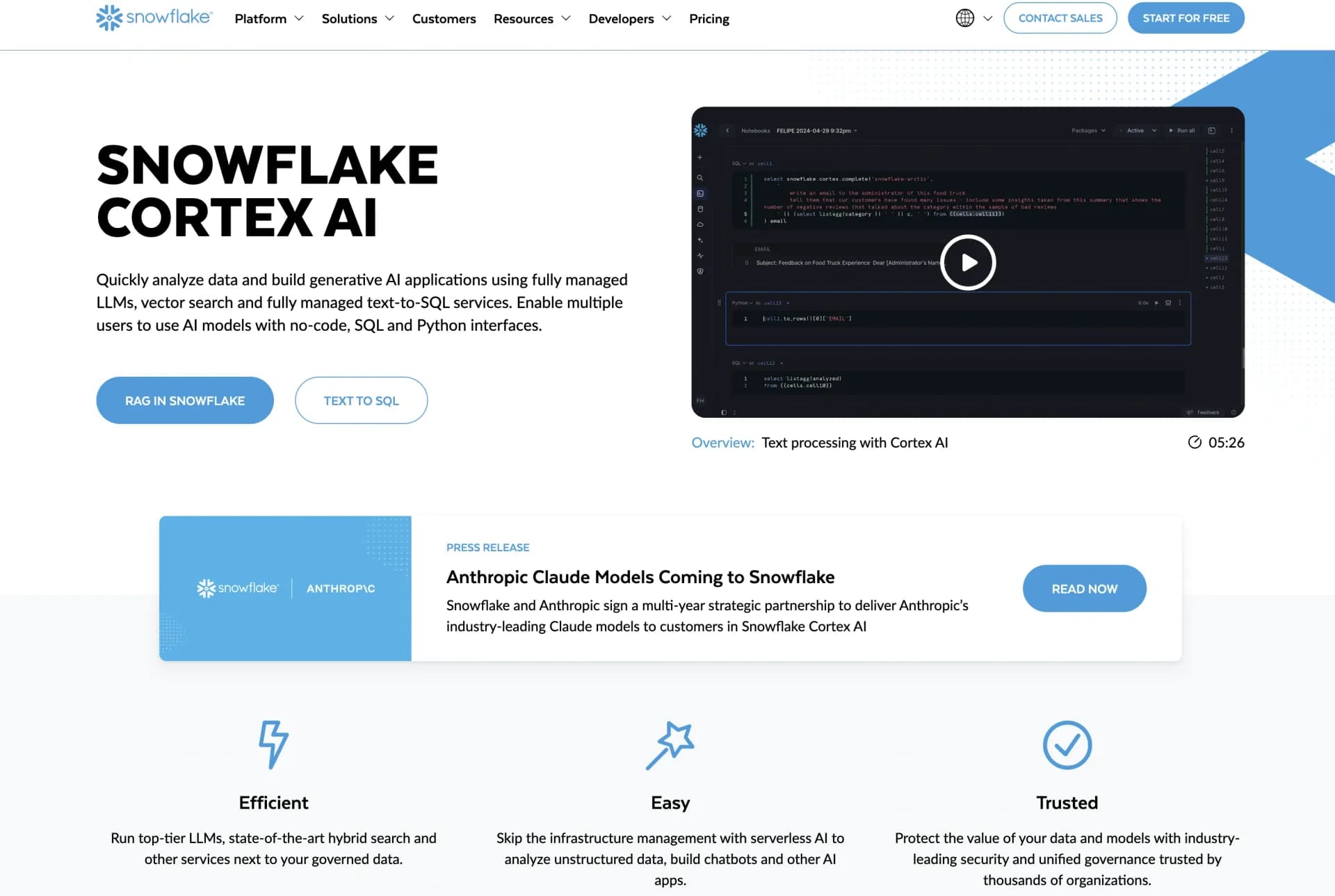 Snowflake Cortex homepage screenshot — Develop LLM apps effortlessly with Snowflake Cortex