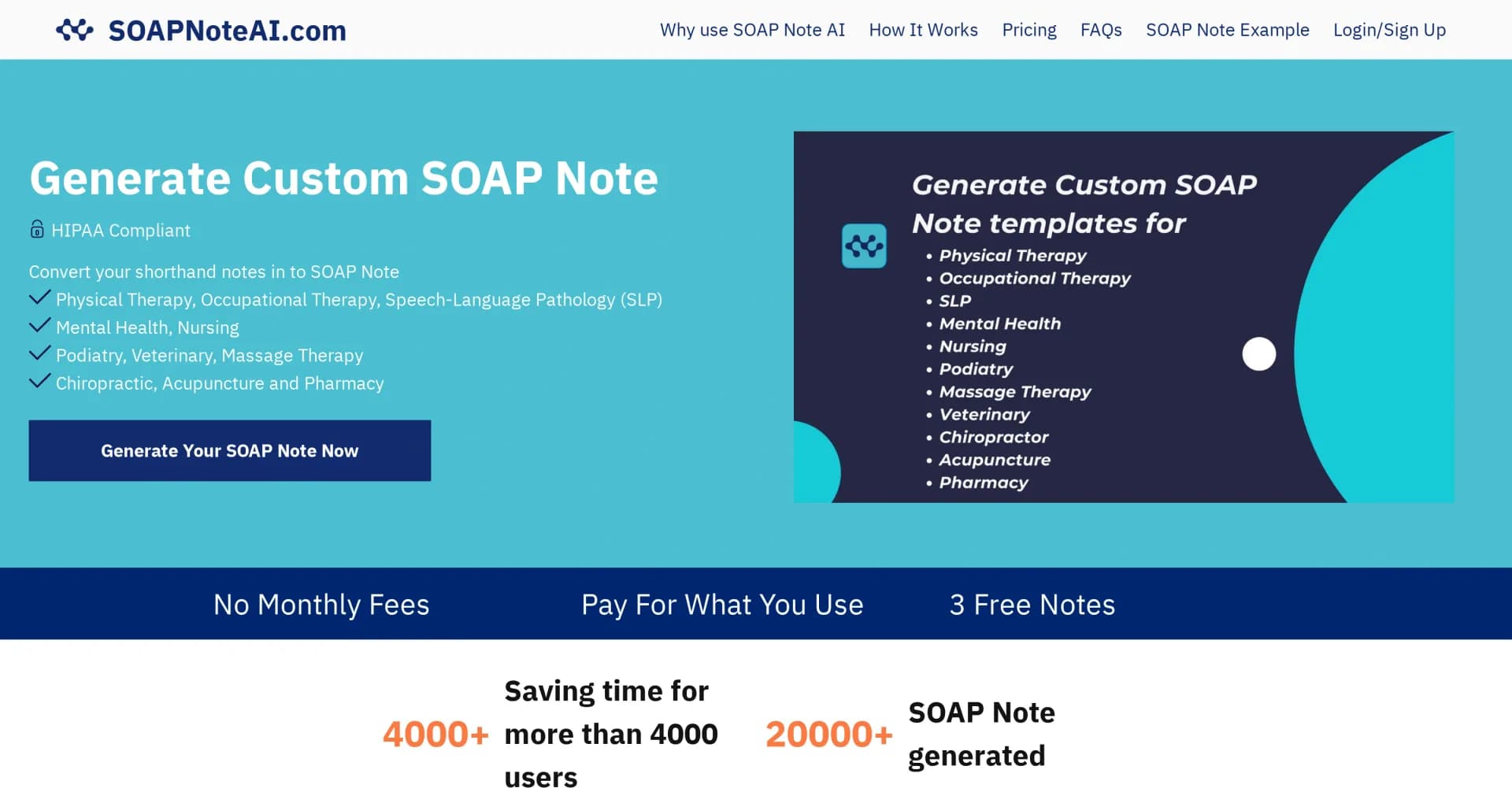 SOAP Note AI homepage screenshot — AI-powered SOAP notes: Fast, HIPAA-compliant, multi-specialt