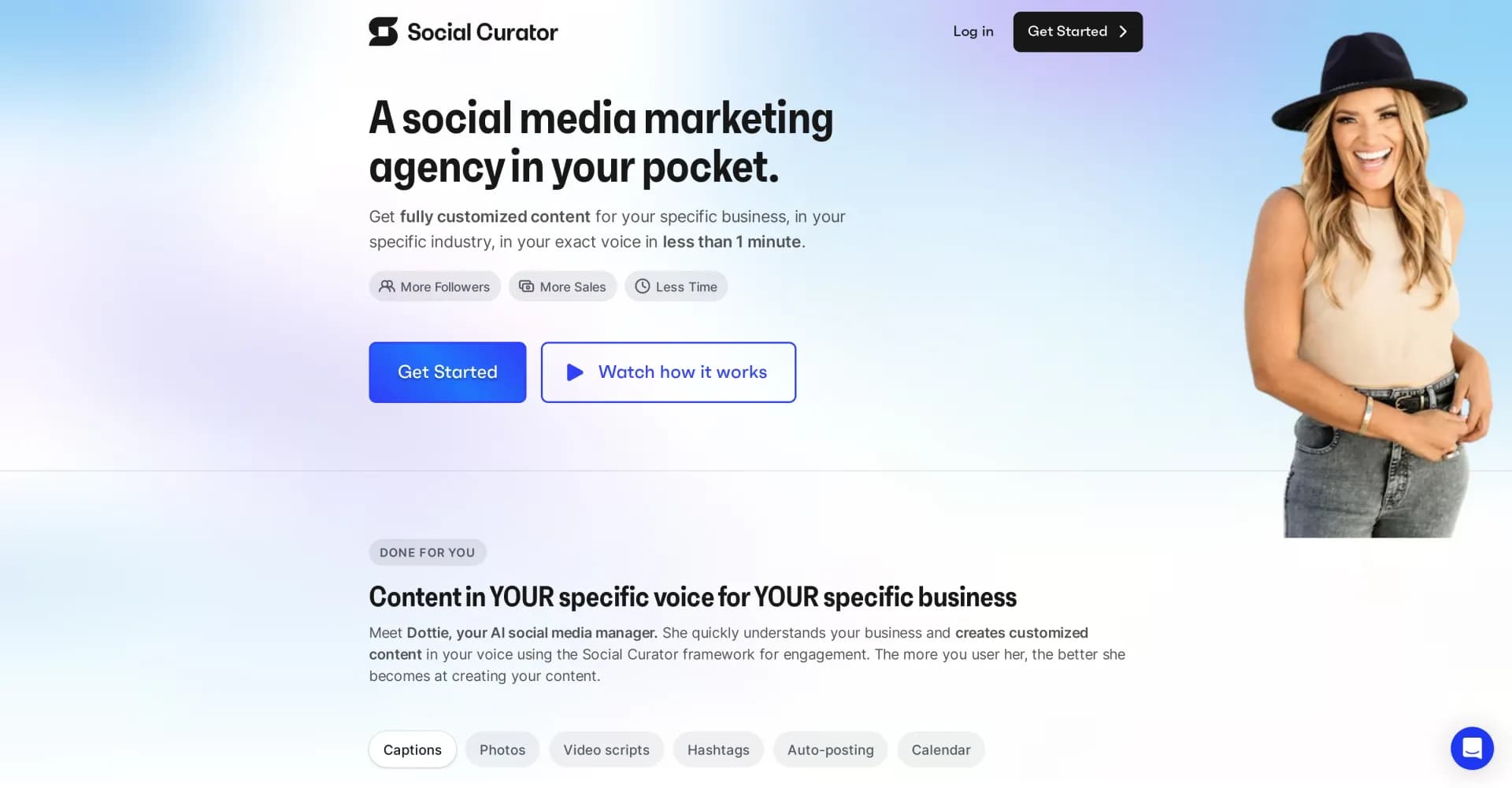 Social Curator homepage screenshot — AI-powered social media agency in your pocket