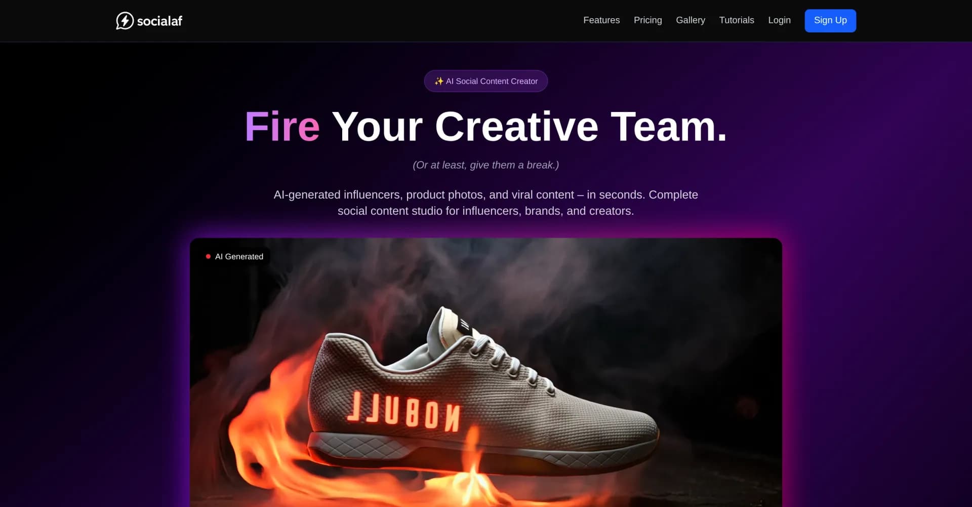 Socialaf.ai homepage screenshot — AI-powered social content studio for viral posts