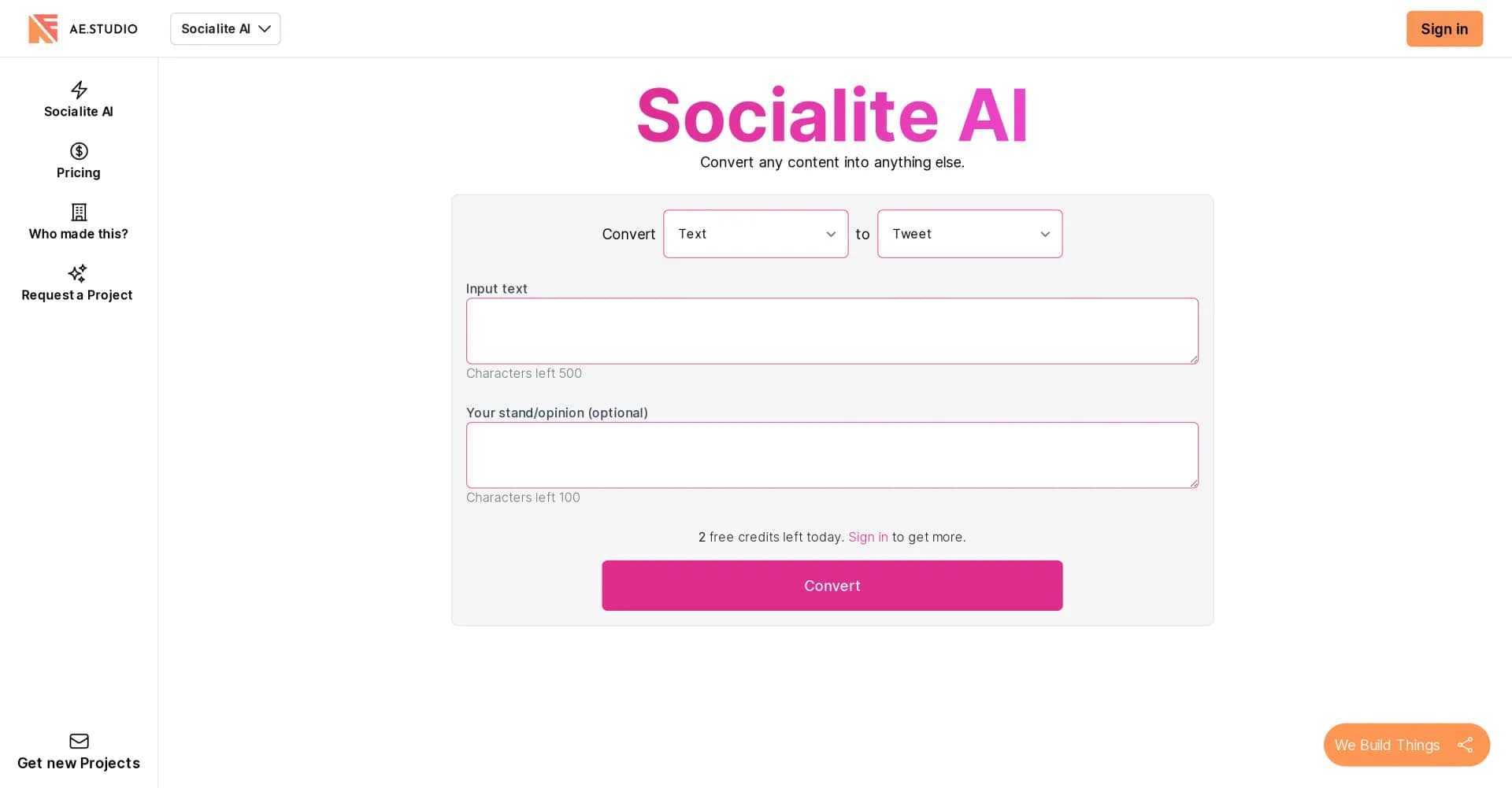 Socialiteai homepage screenshot — Convert any content into anything else.