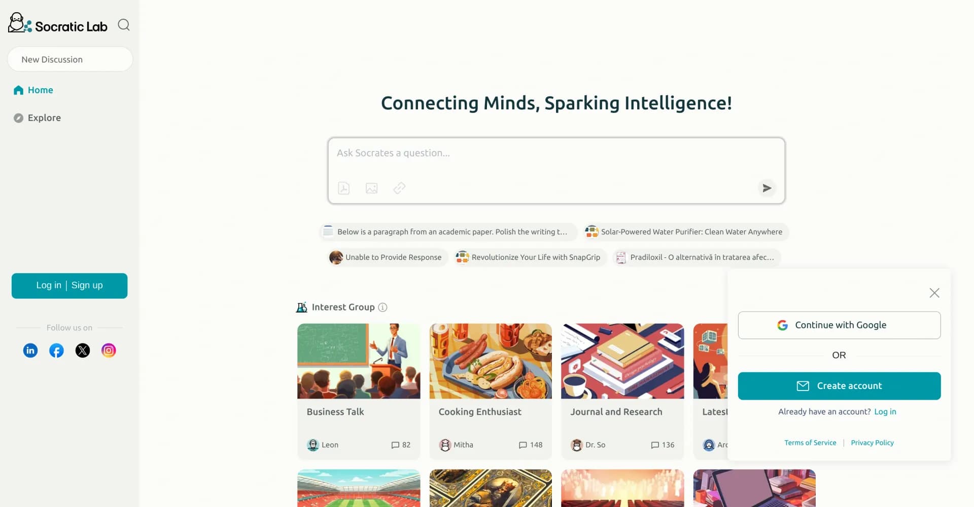 Socratic Lab homepage screenshot — Spark intelligence through AI-powered collaborative learning