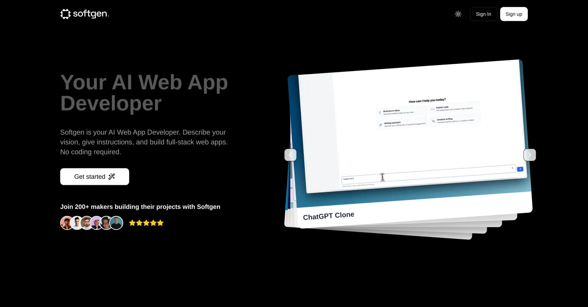 Softgen homepage screenshot — AI-powered web app builder, no coding required.