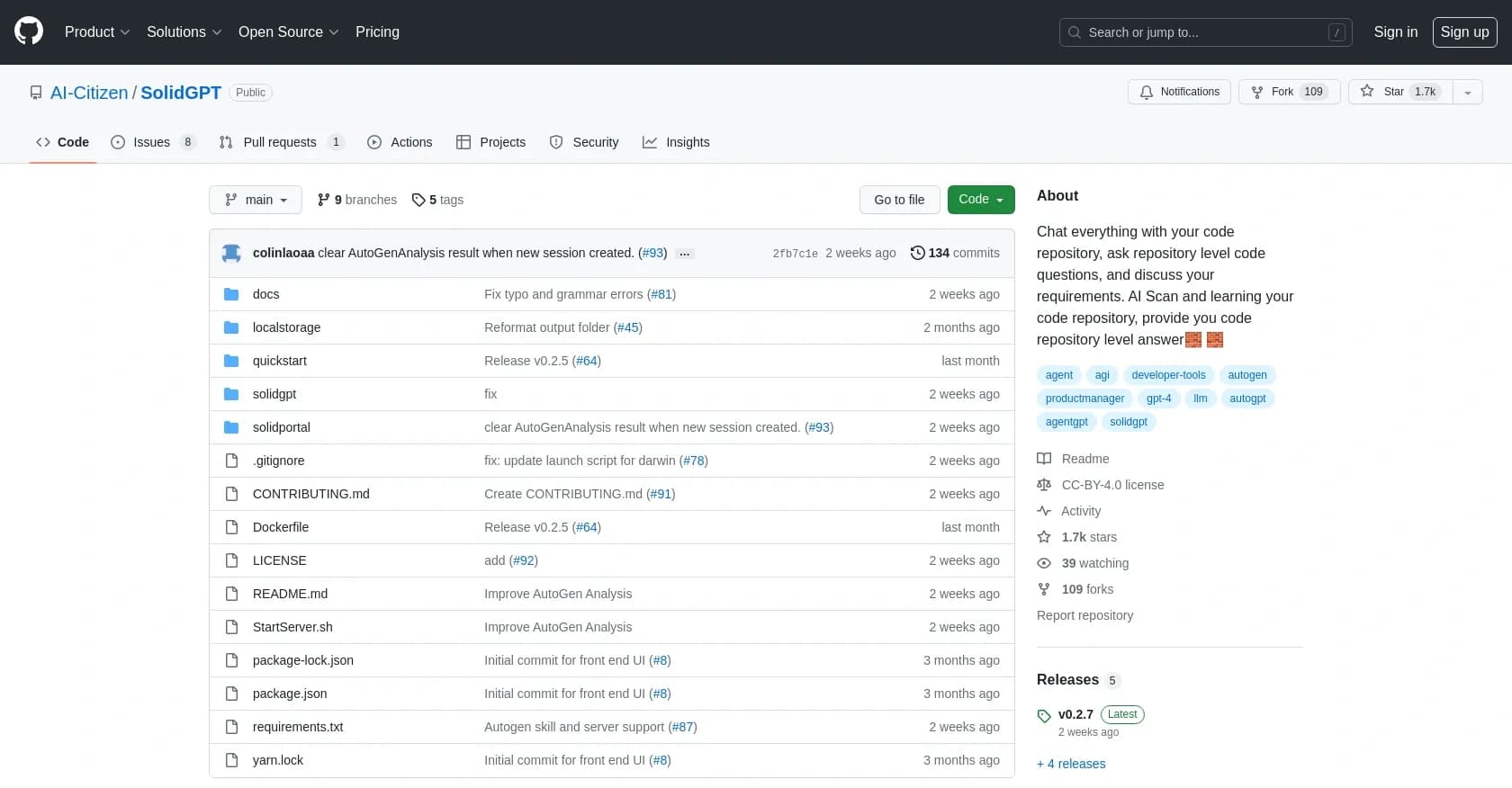 SolidGPT homepage screenshot — Chat with your code repository, powered by AI.