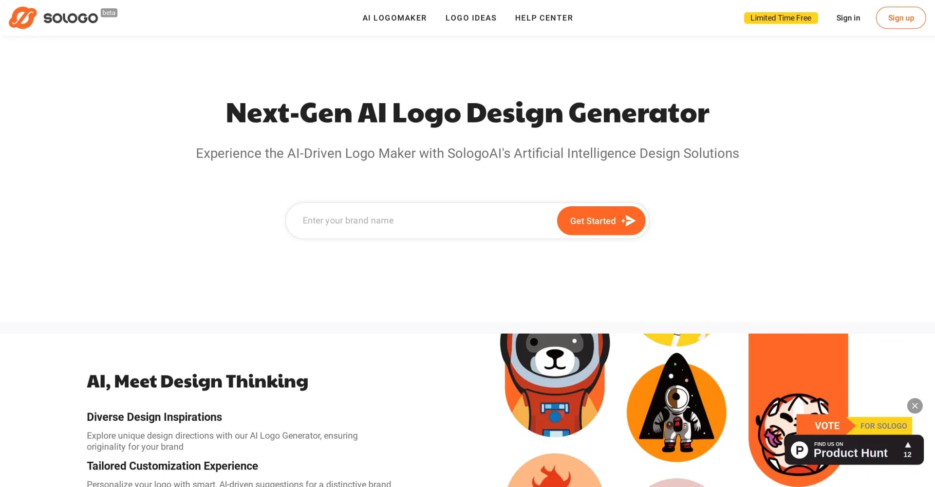 Sologo homepage screenshot — AI-powered logo maker for effortless design