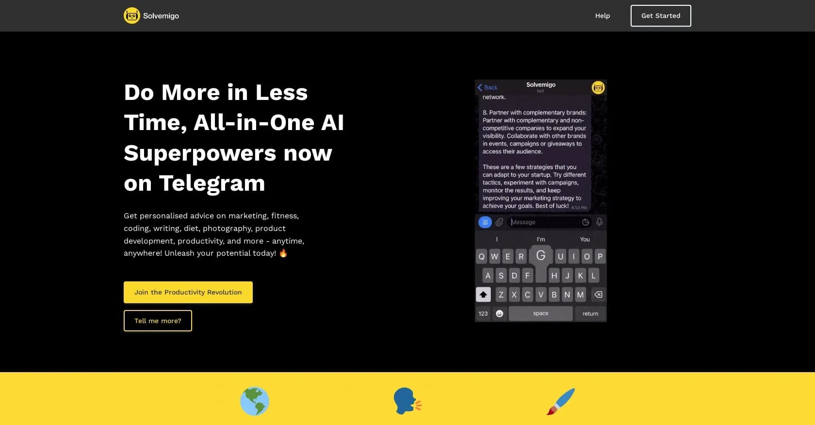Solvemigo homepage screenshot — AI superpowers in your pocket via Telegram
