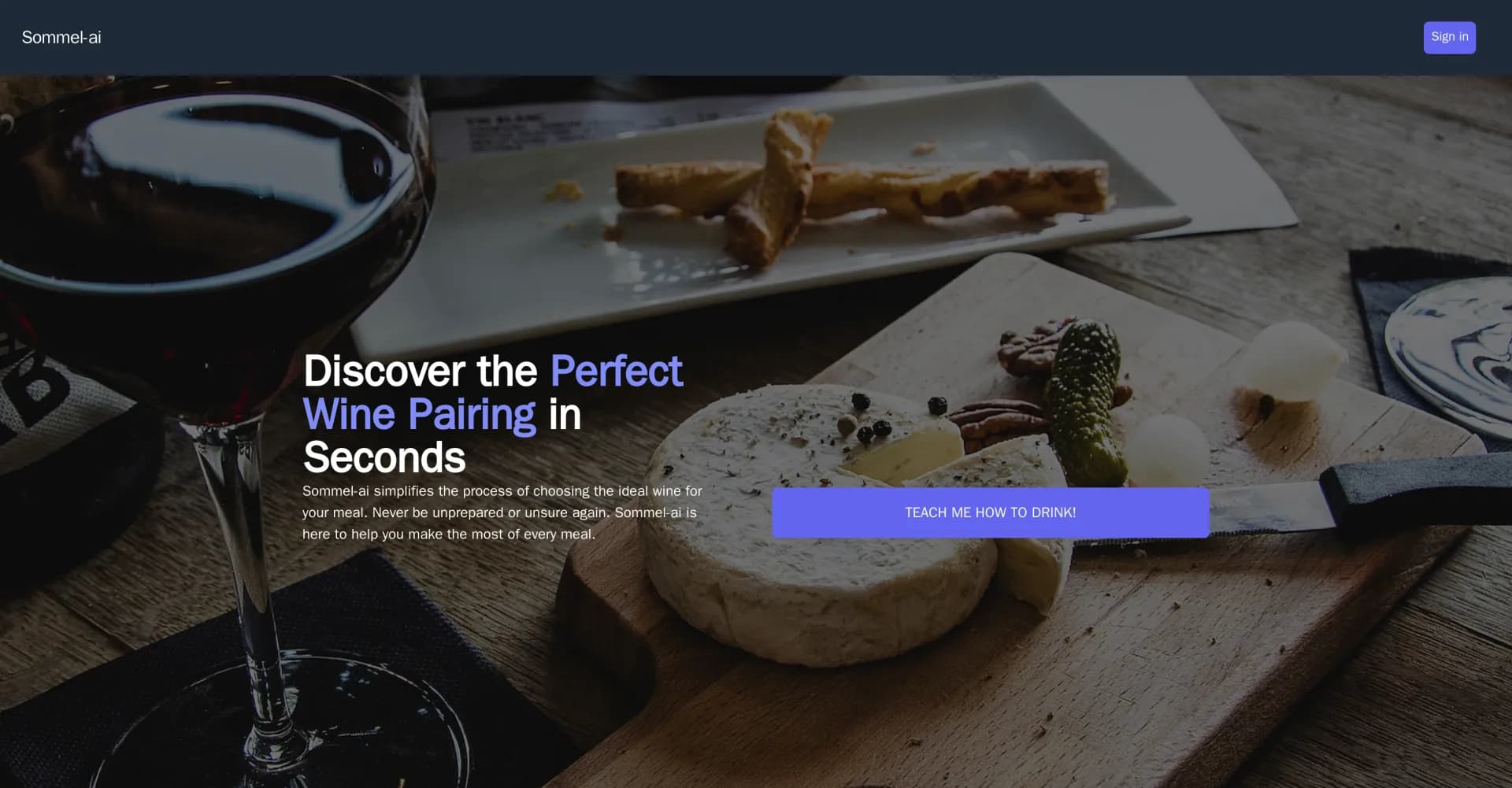 Sommel-ai homepage screenshot — Discover the perfect wine pairing in seconds.