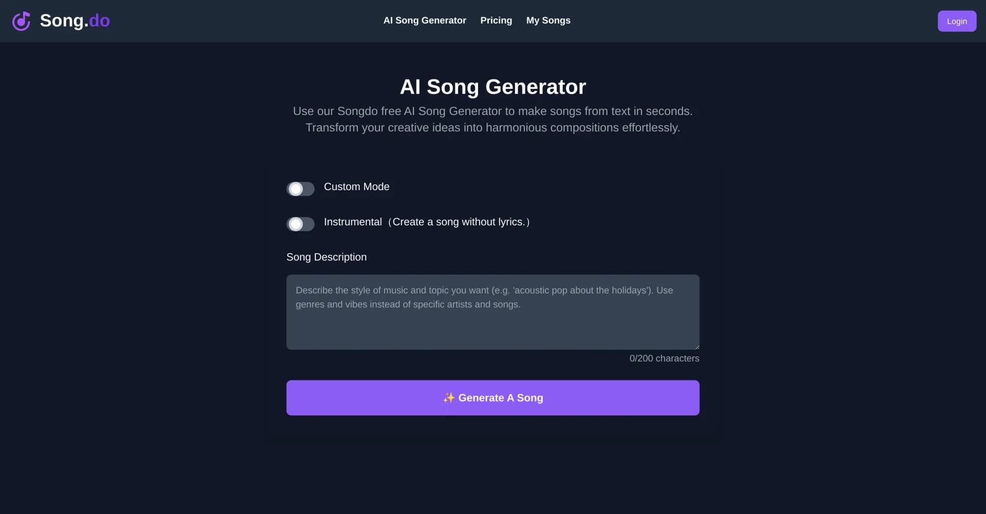 Song.do homepage screenshot — Create songs from text in seconds