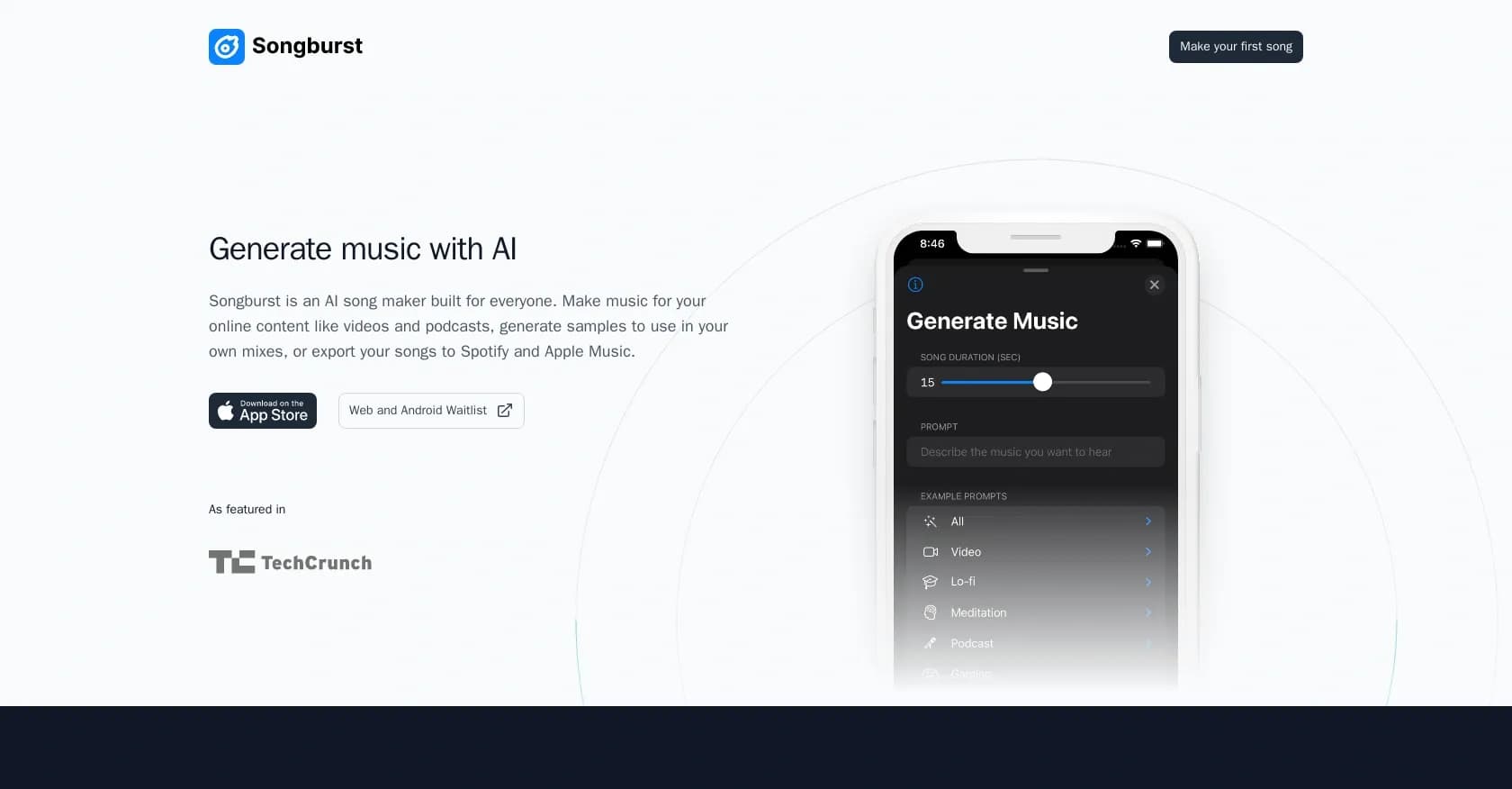 Songburst homepage screenshot — Turn your words into music