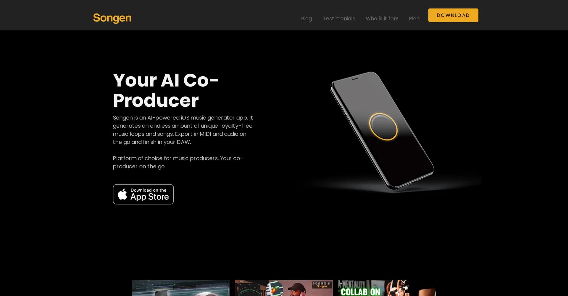Songen homepage screenshot — AI-powered music generator for iOS.