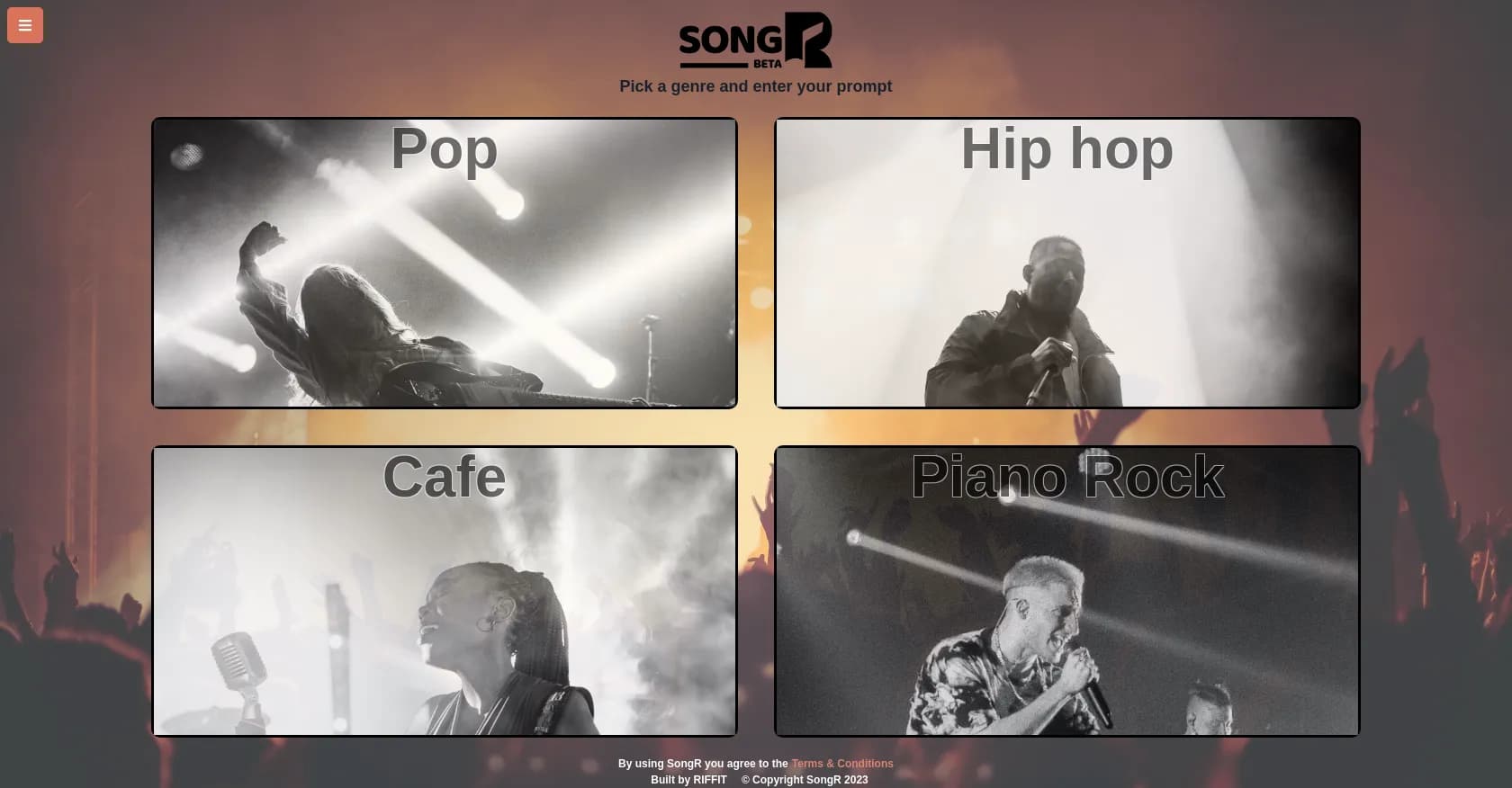 SongR homepage screenshot — AI-powered song creation from prompts