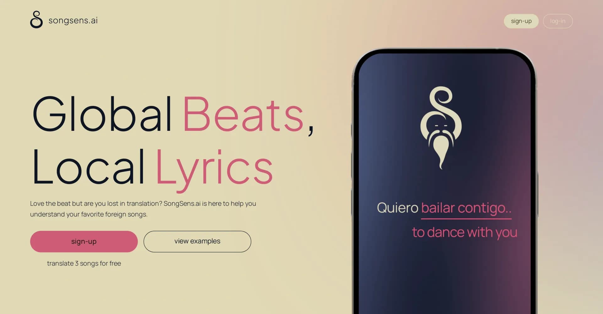 SongSens.ai homepage screenshot — Unlock global music: AI-powered lyrics translation
