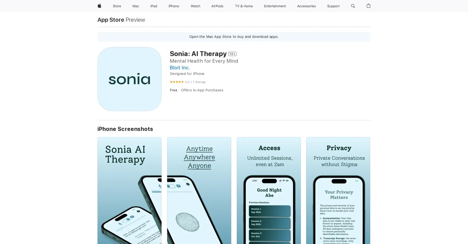 Sonia: AI Therapy homepage screenshot — Sonia: Your personal AI Therapist
