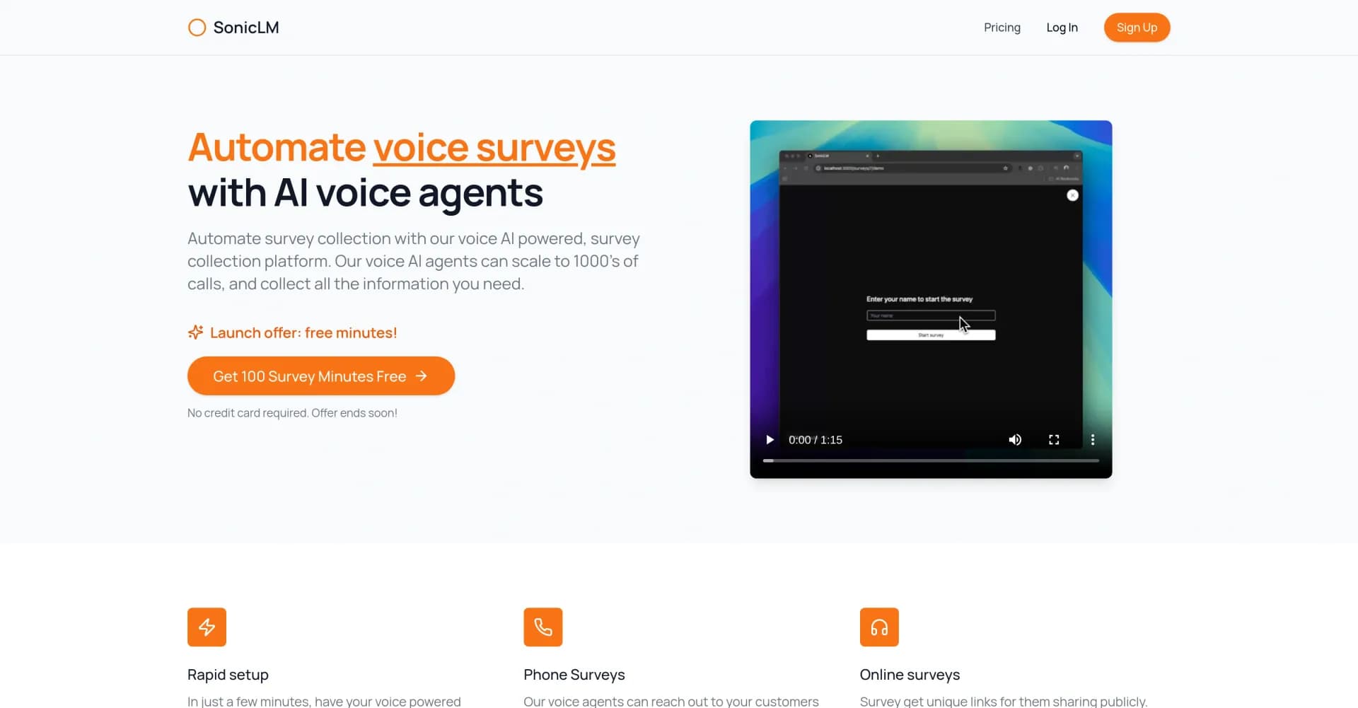 SonicLM homepage screenshot — Automate voice surveys with AI agents