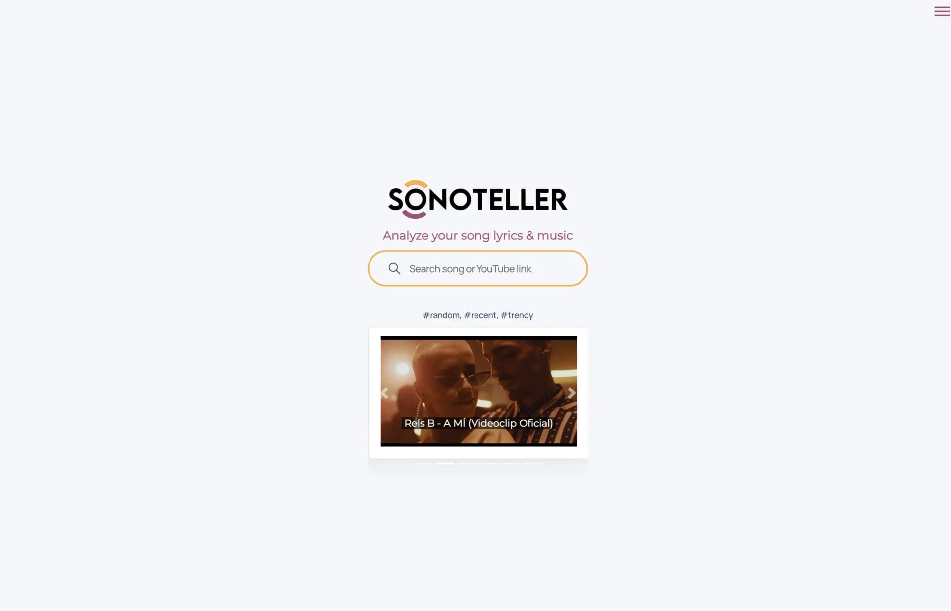 Sonoteller homepage screenshot — AI-powered song analysis: Lyrics, music, and more.