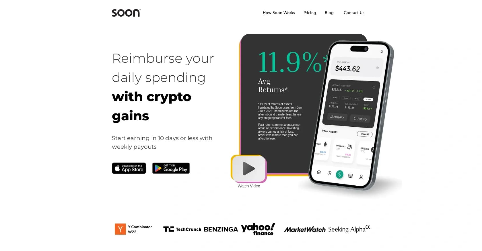 Soon app homepage screenshot — Automated crypto investing for stress-free wealth building.