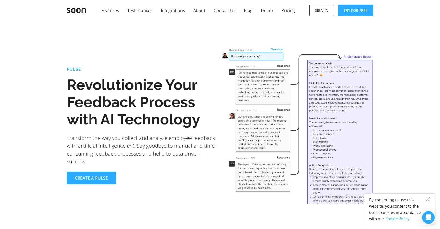 Soon Pulse homepage screenshot — Revolutionize employee feedback with AI technology.