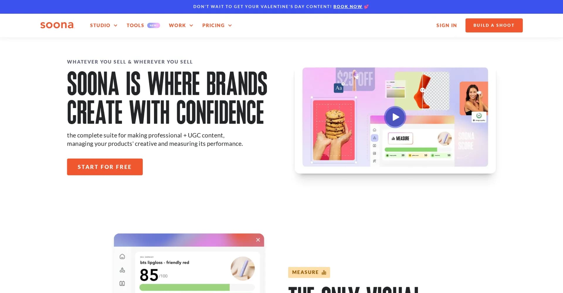 Soona homepage screenshot — Unlock the ultimate toolkit for professional content creatio