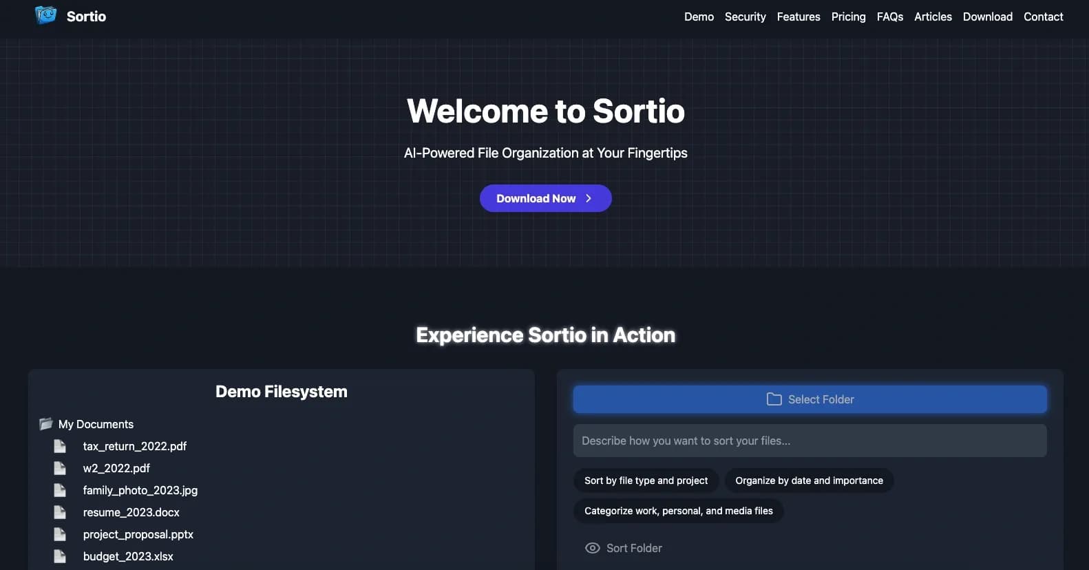 Sortio homepage screenshot — Sort your files with a prompt