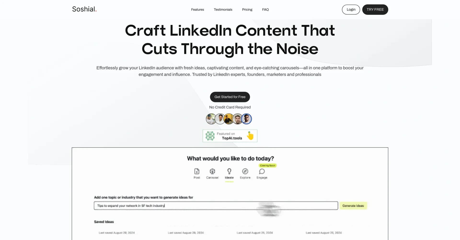 Soshial homepage screenshot — Grow your LinkedIn audience with captivating content