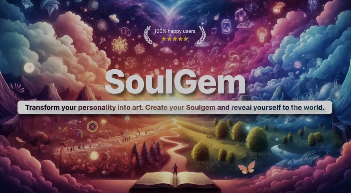 SoulGem homepage screenshot — Transform your personality into art.