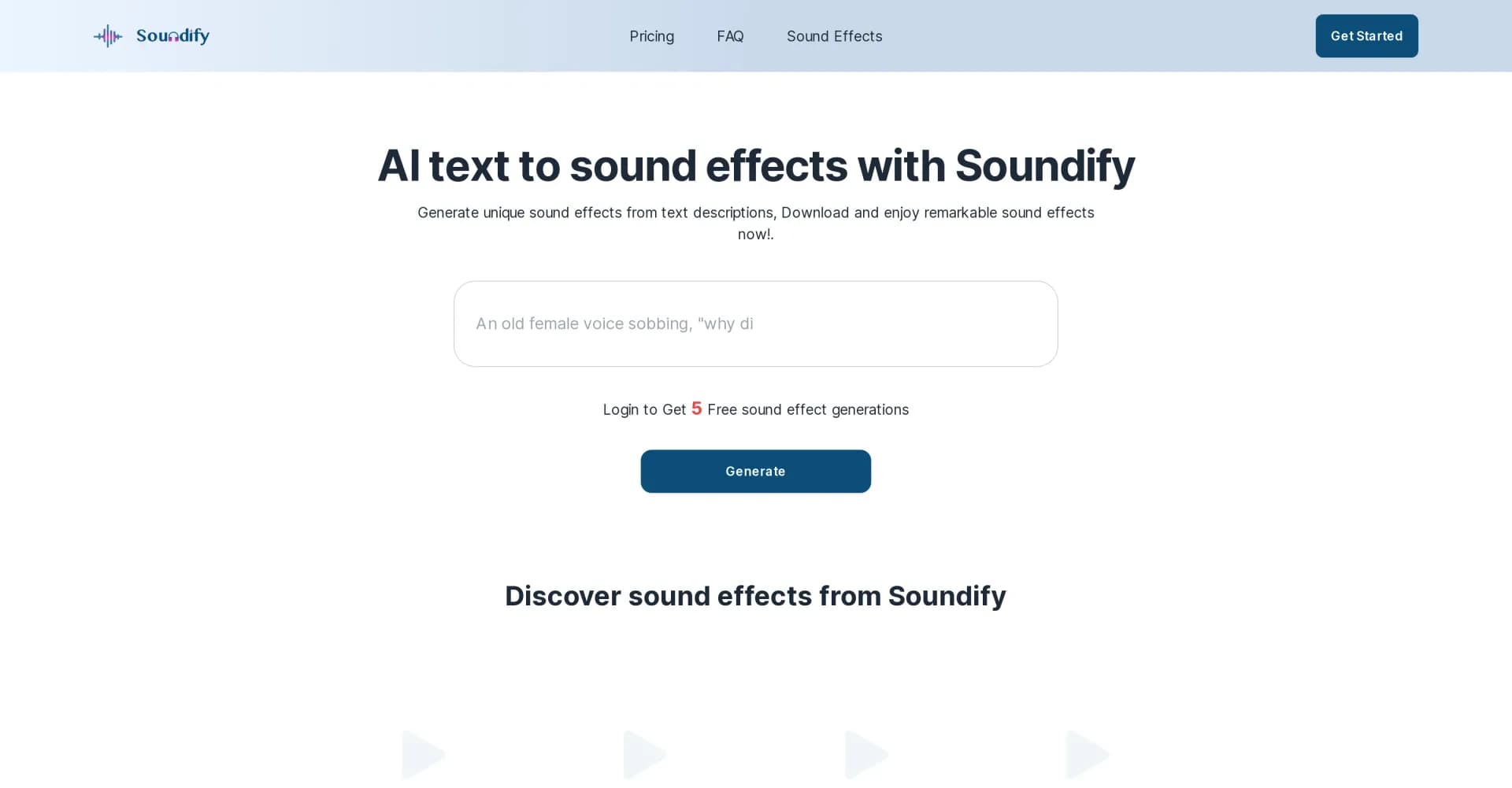 Soundify homepage screenshot — Generate unique sound effects from text descriptions