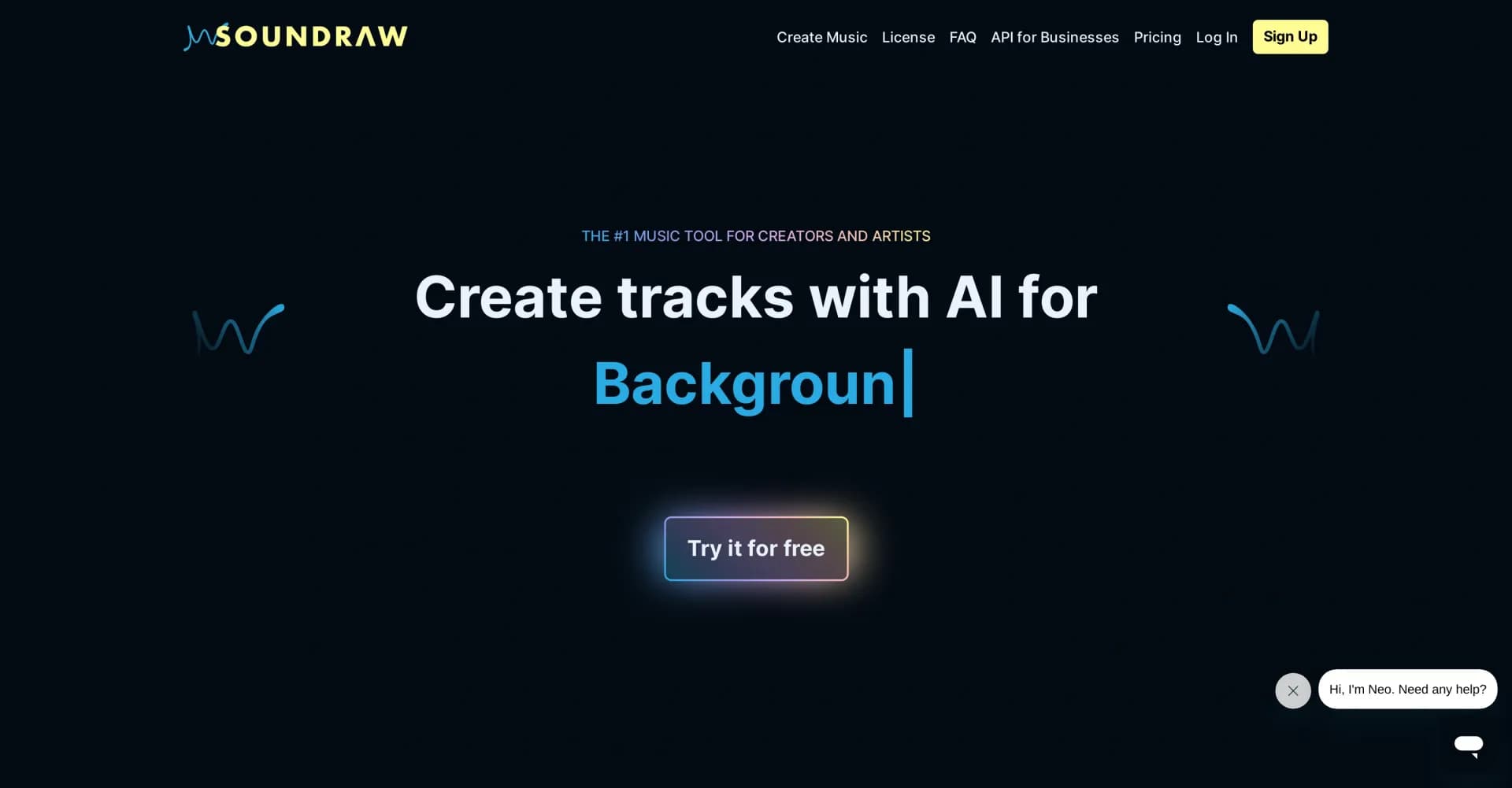 SOUNDRAW homepage screenshot — AI-generated music in just a few clicks.