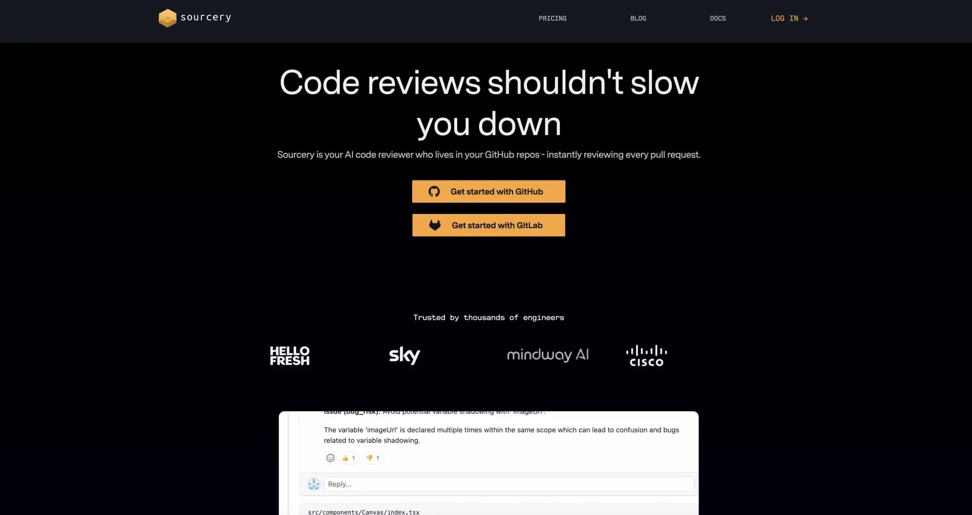 Sourcery homepage screenshot — Instantly refactor and improve your code.