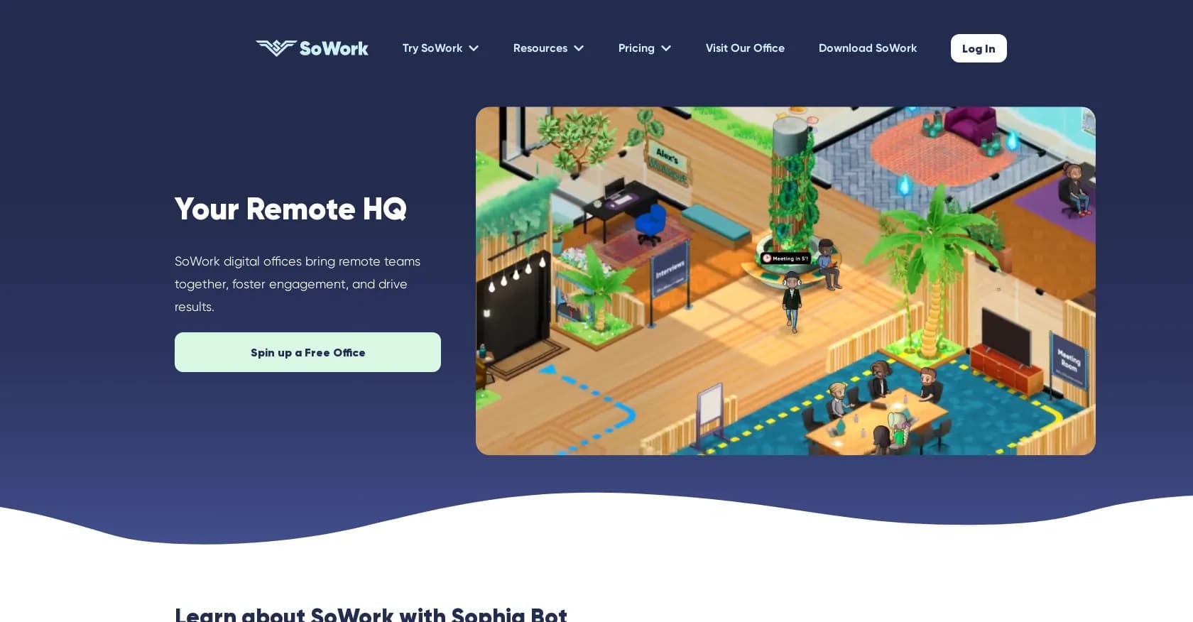 SoWork homepage screenshot — Your Smart Virtual Office for Remote Teams